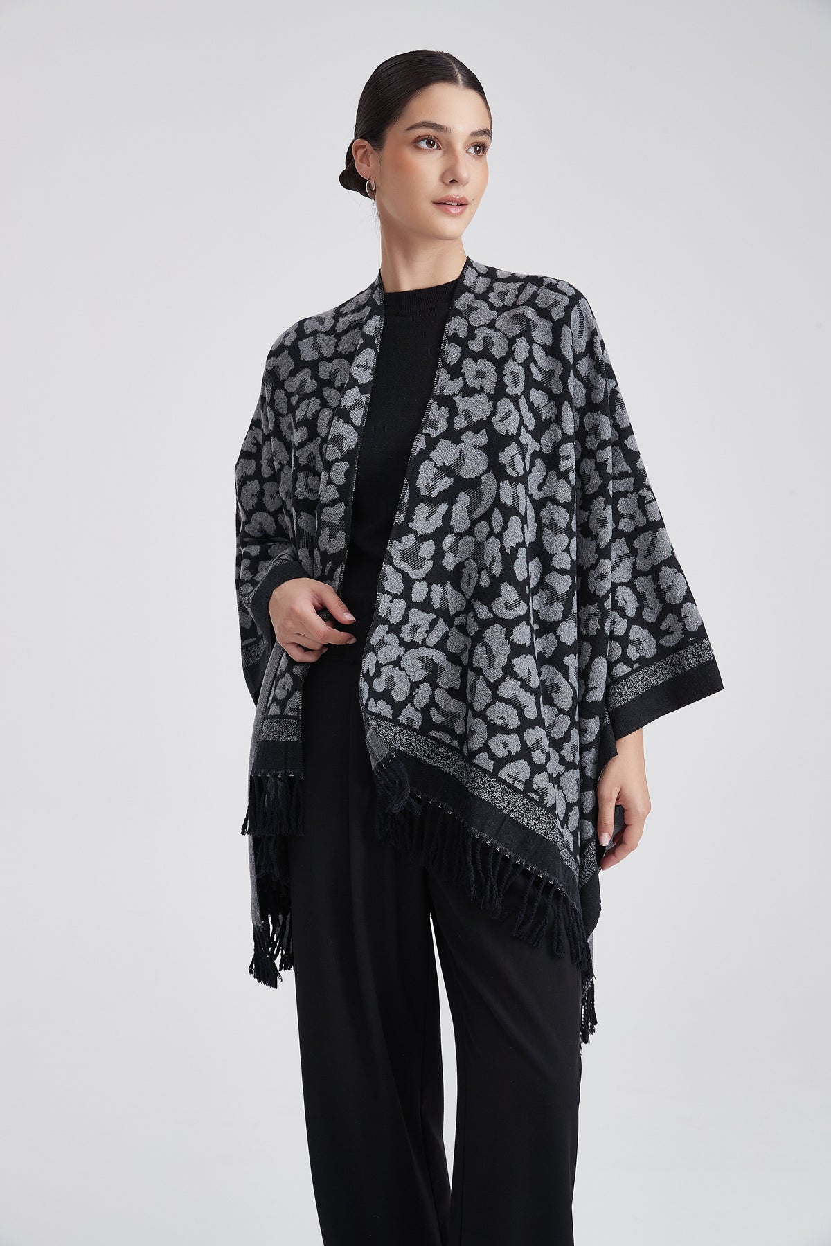 Tiger-Print Poncho with Fringes