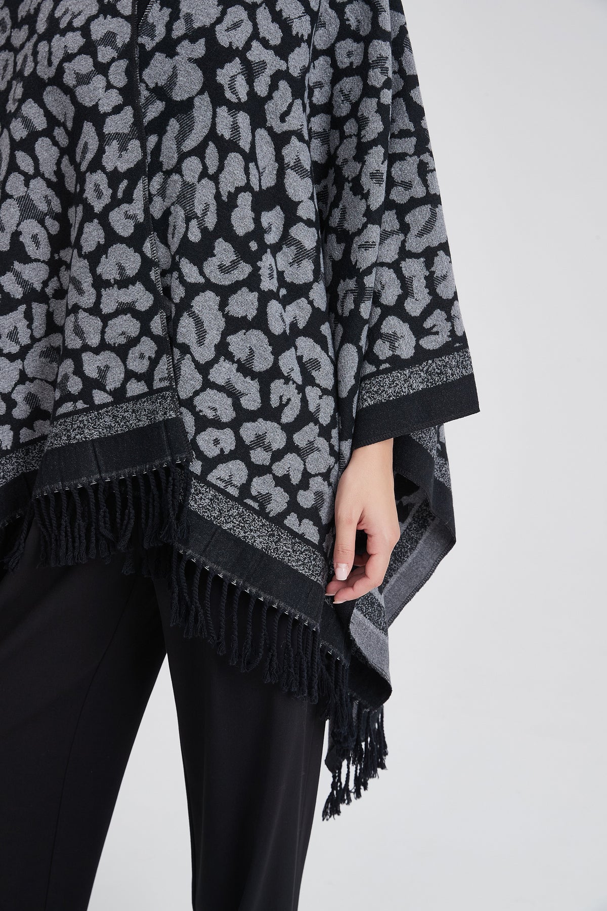 Tiger-Print Poncho with Fringes