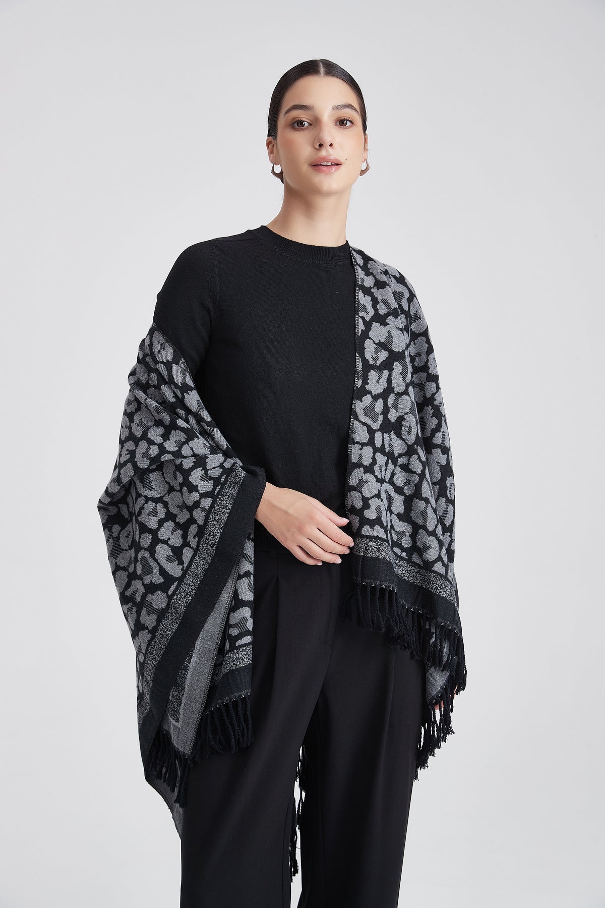 Tiger-Print Poncho with Fringes