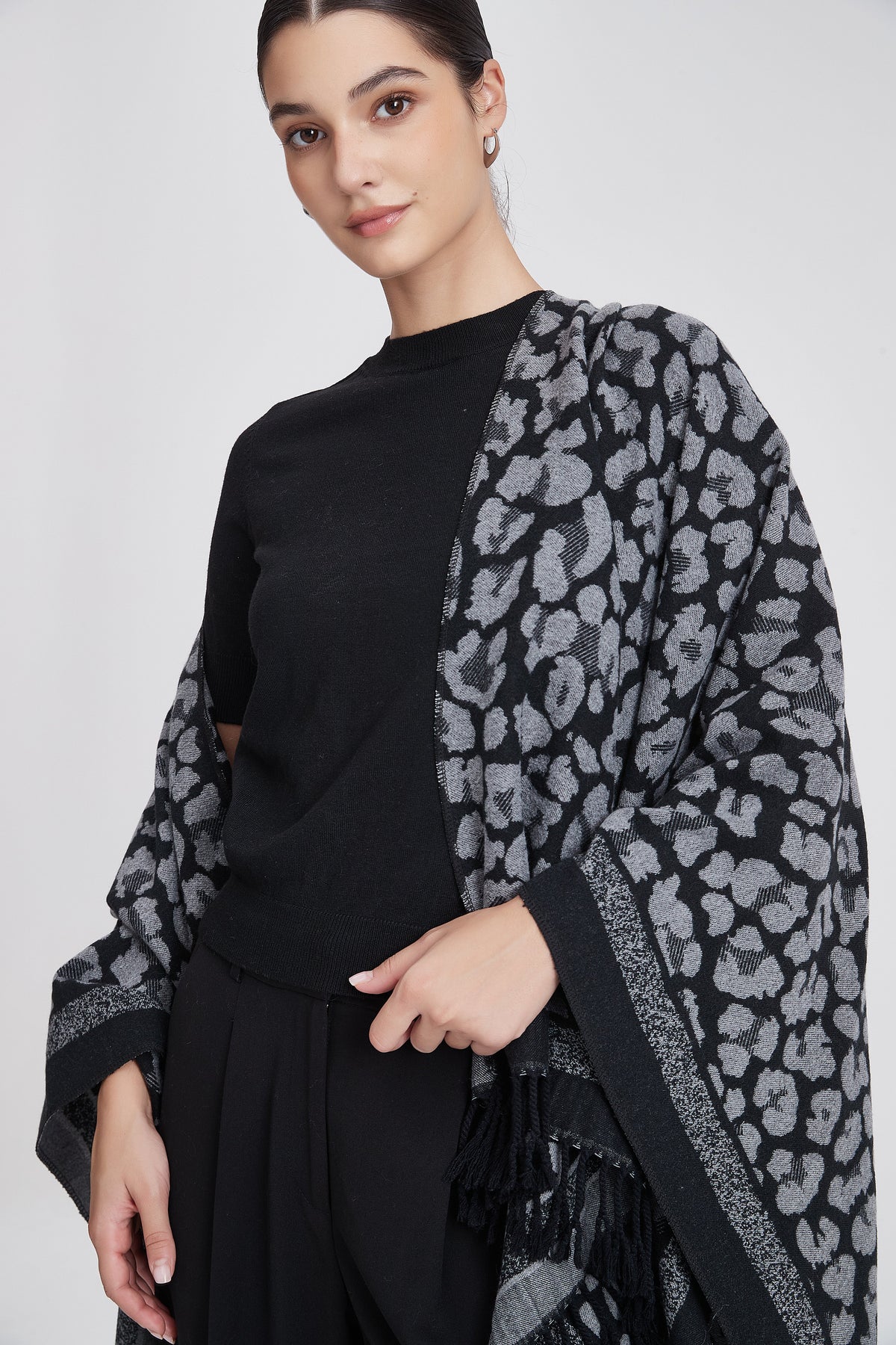 Tiger-Print Poncho with Fringes