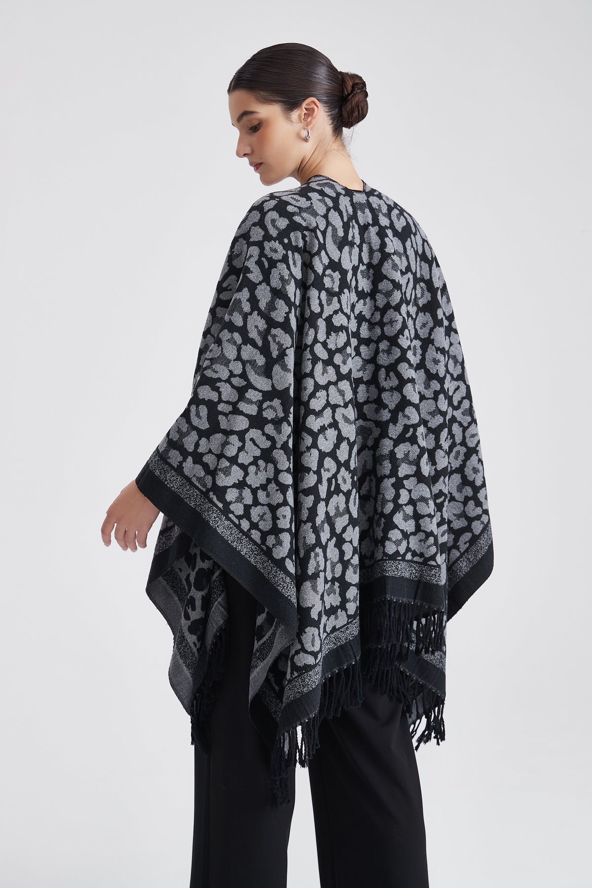 Tiger-Print Poncho with Fringes
