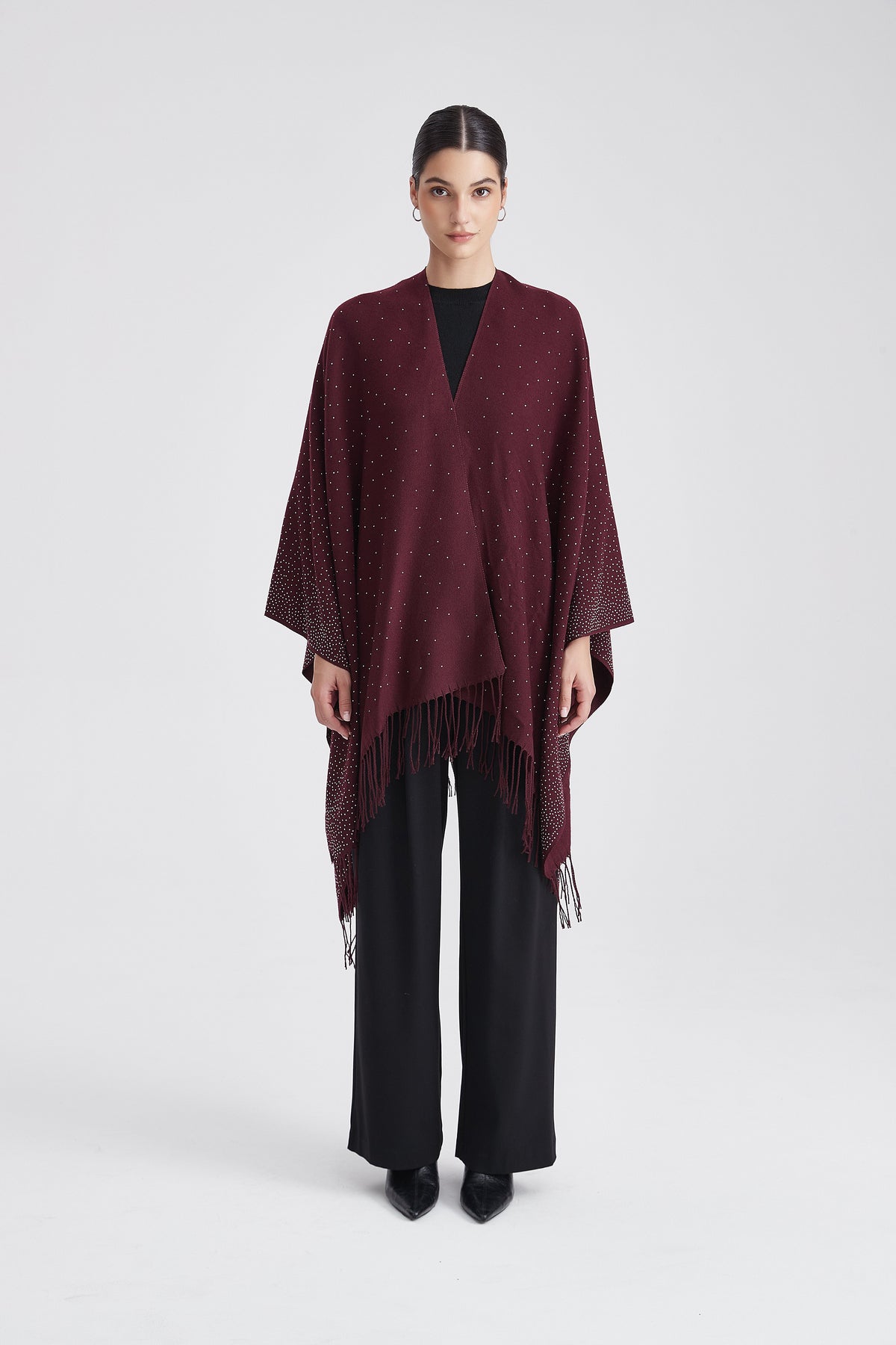 Embellished Poncho with Fringes