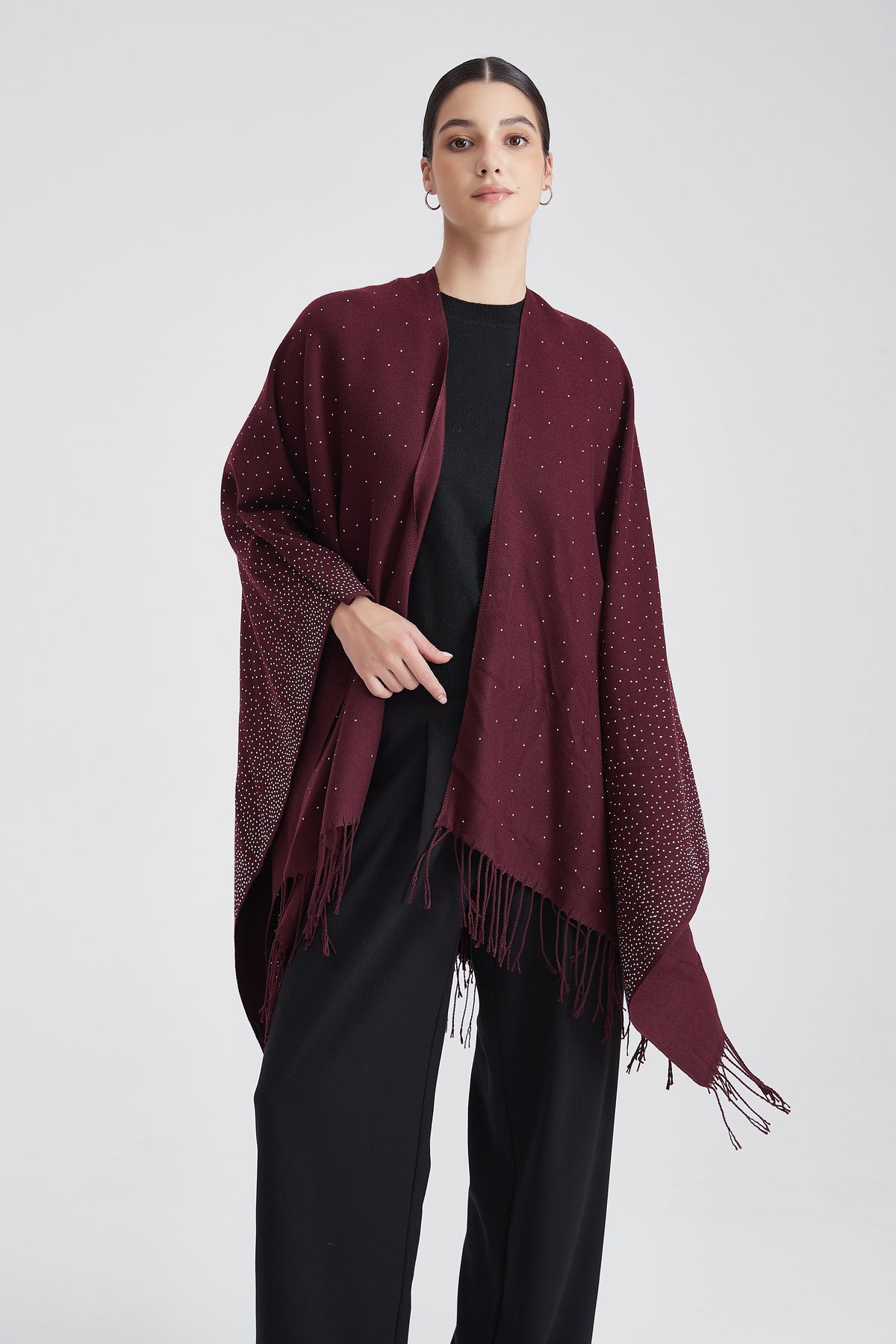 Embellished Poncho with Fringes