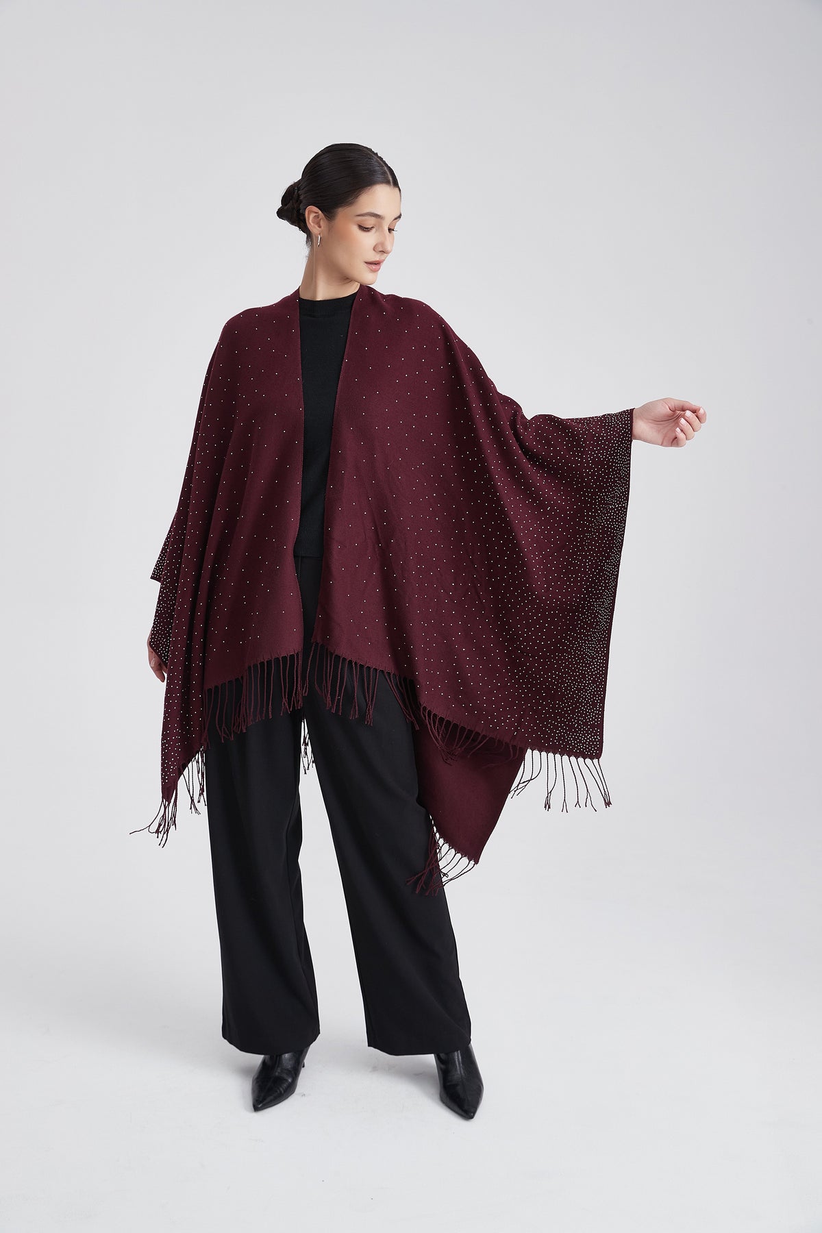 Embellished Poncho with Fringes