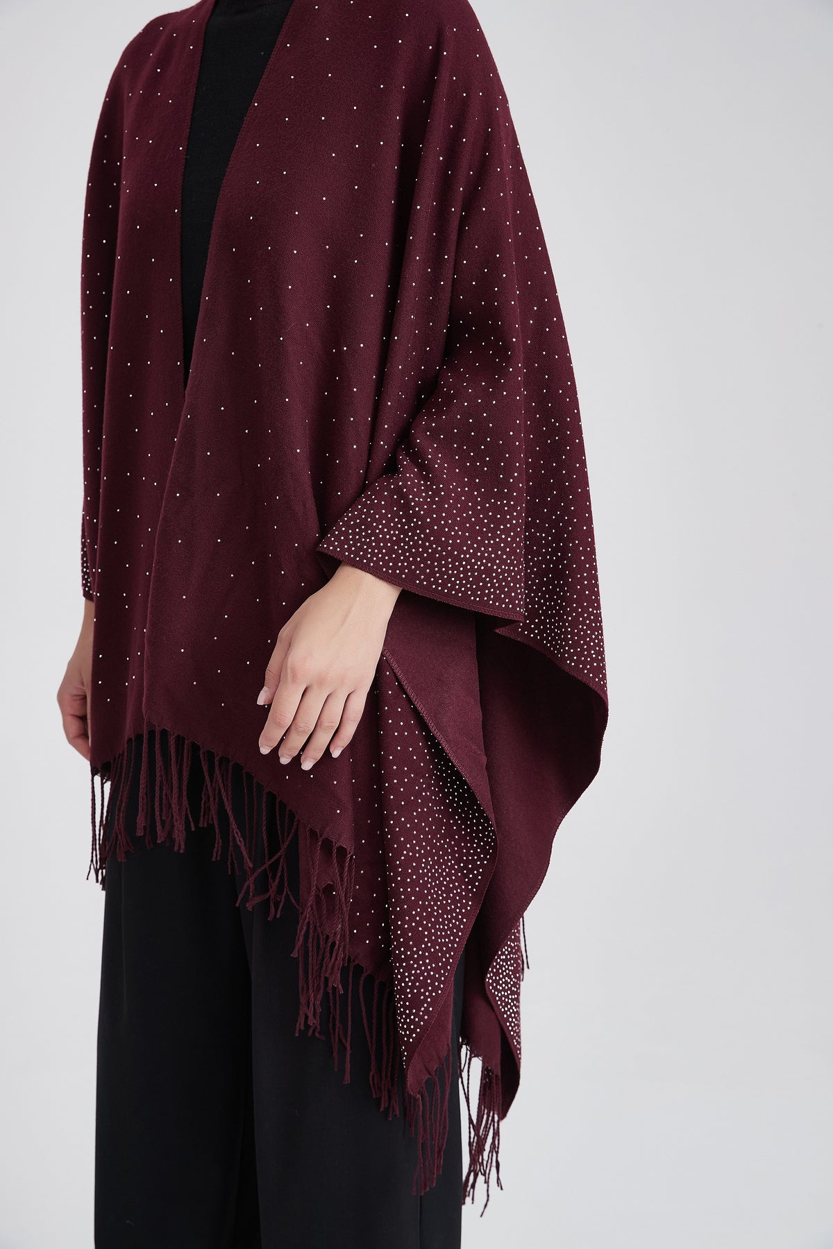 Embellished Poncho with Fringes