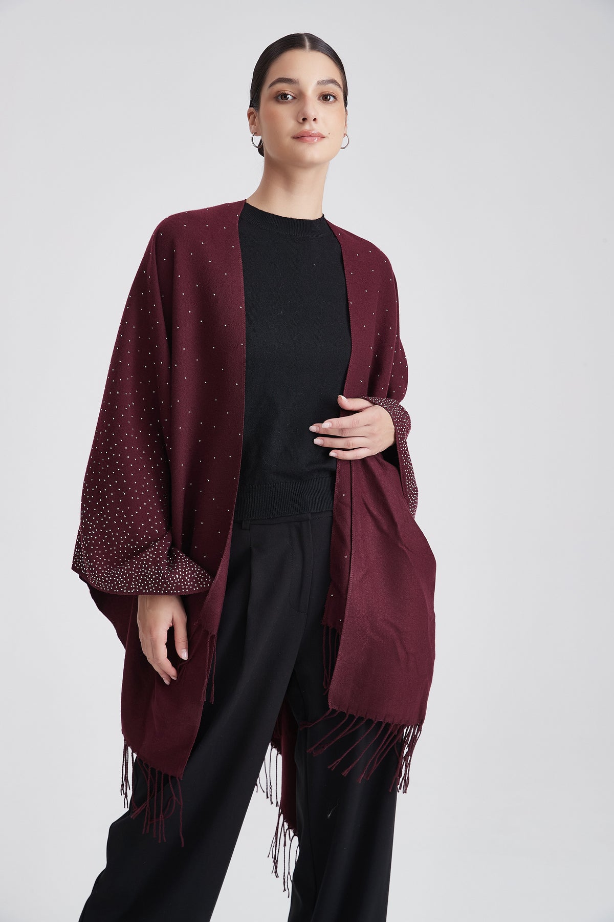 Embellished Poncho with Fringes
