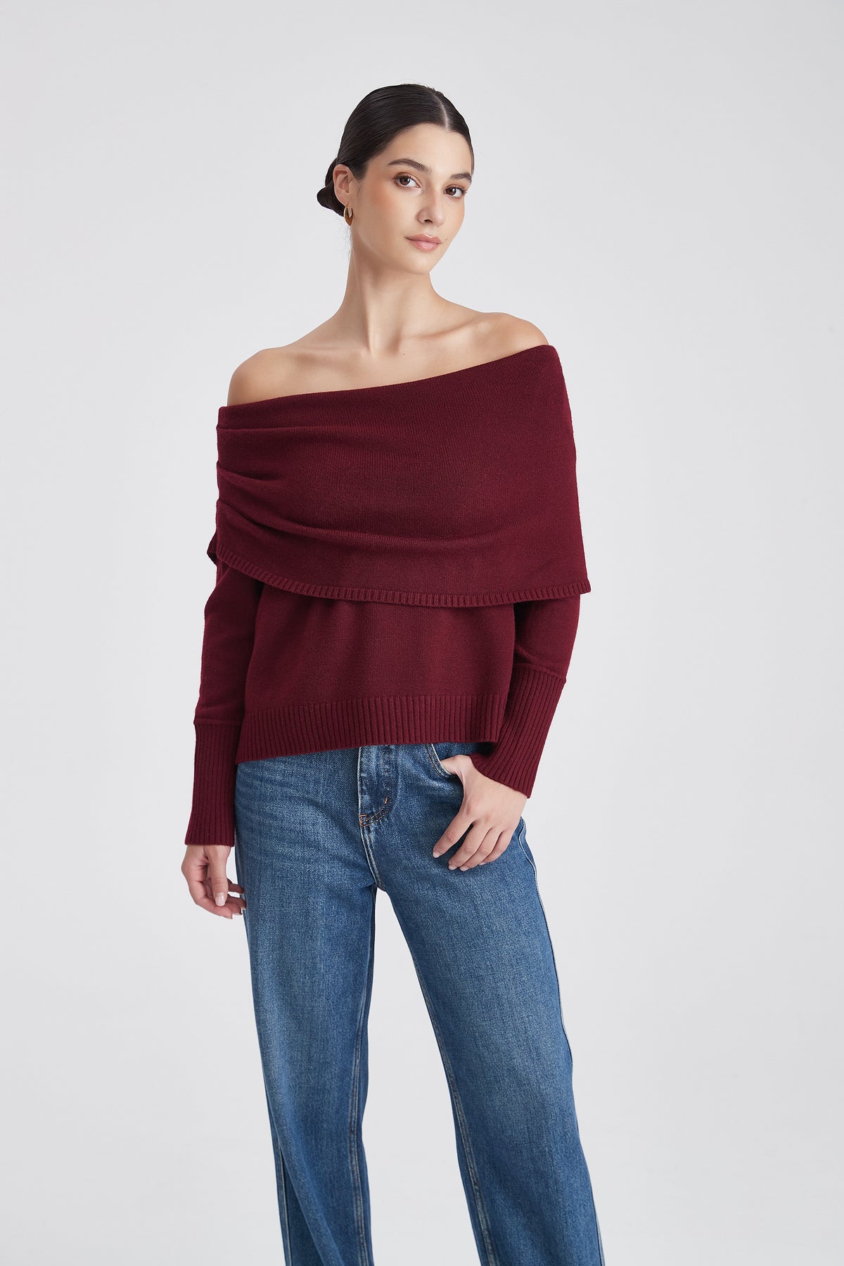 Off-Shoulder Knit Blouse with Folded Neckline