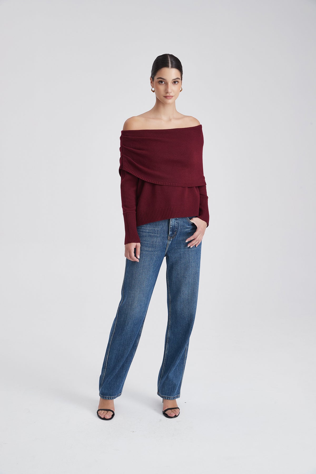 Off-Shoulder Knit Blouse with Folded Neckline
