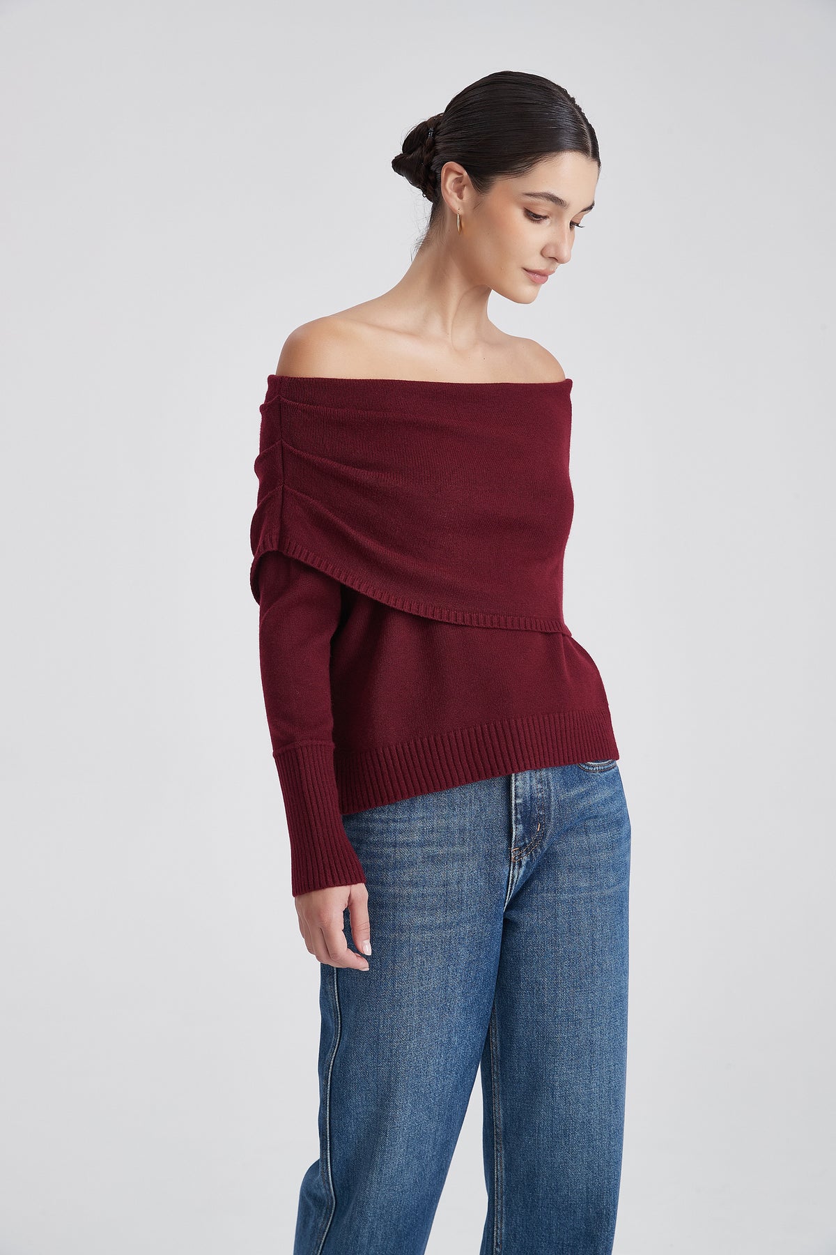 Off-Shoulder Knit Blouse with Folded Neckline