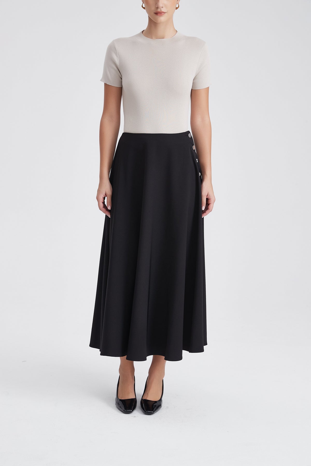 Ruffled Midi Skirt with Side Buttons