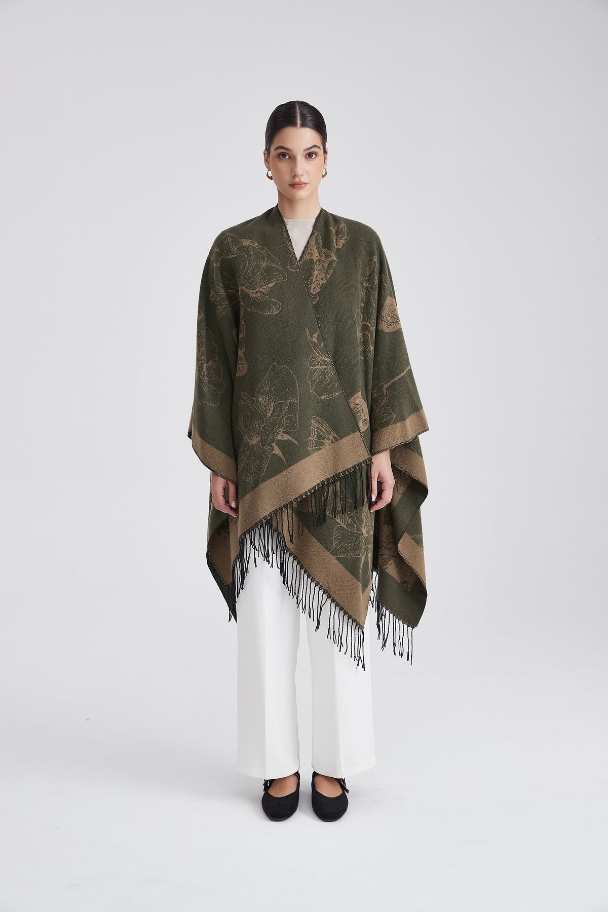 Long Floral Poncho with Fringes