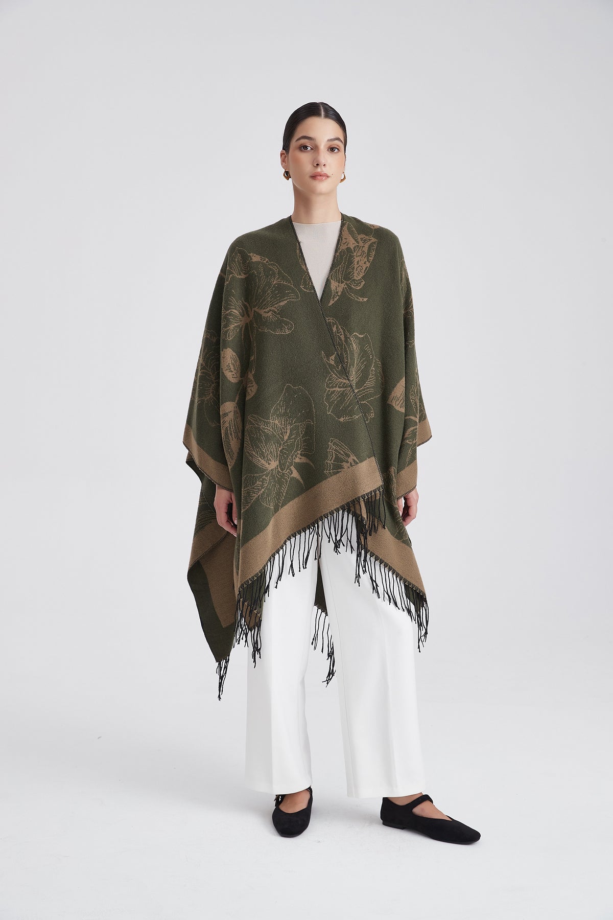 Long Floral Poncho with Fringes