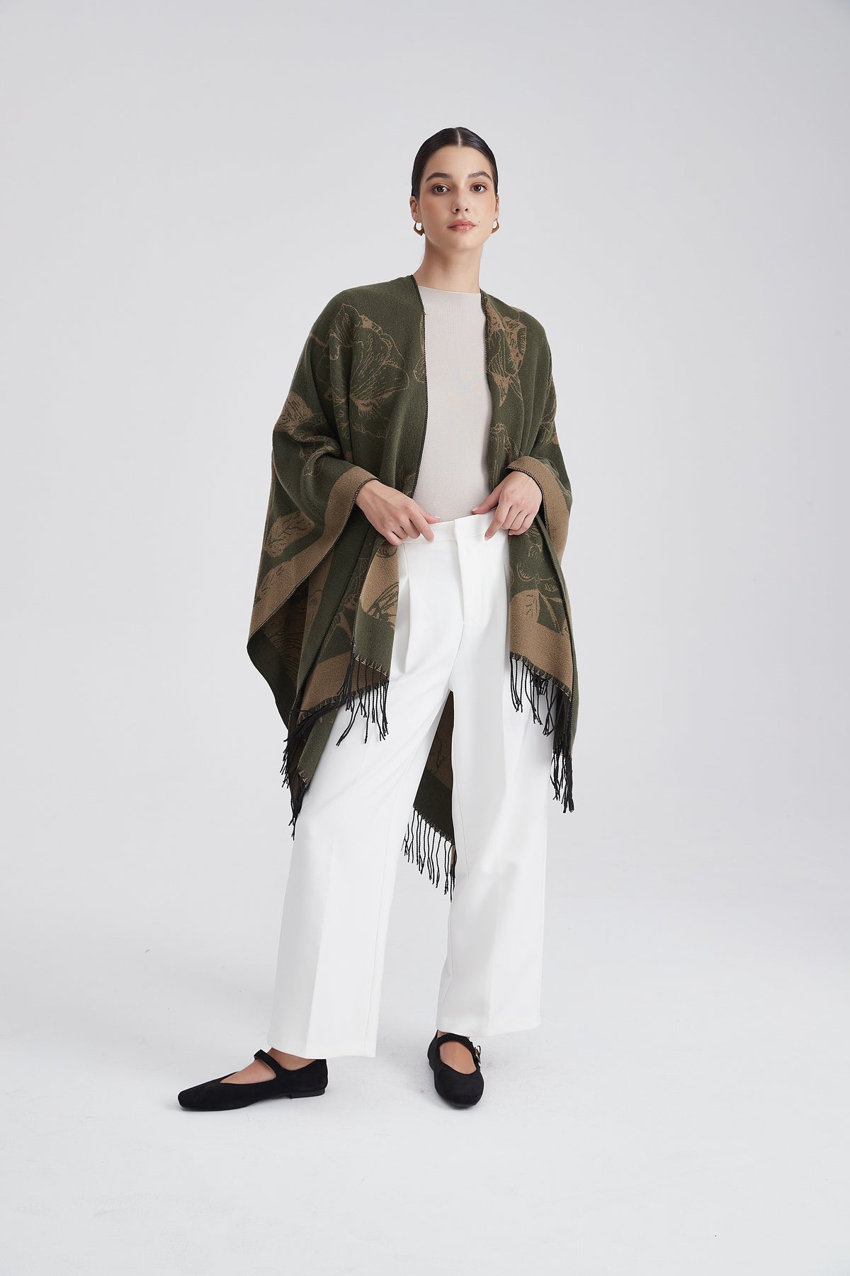 Long Floral Poncho with Fringes
