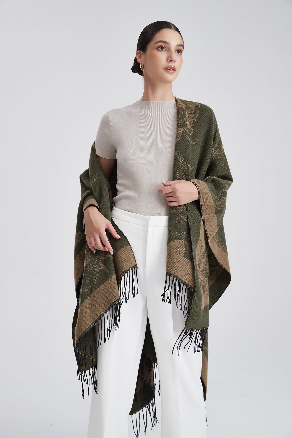 Long Floral Poncho with Fringes
