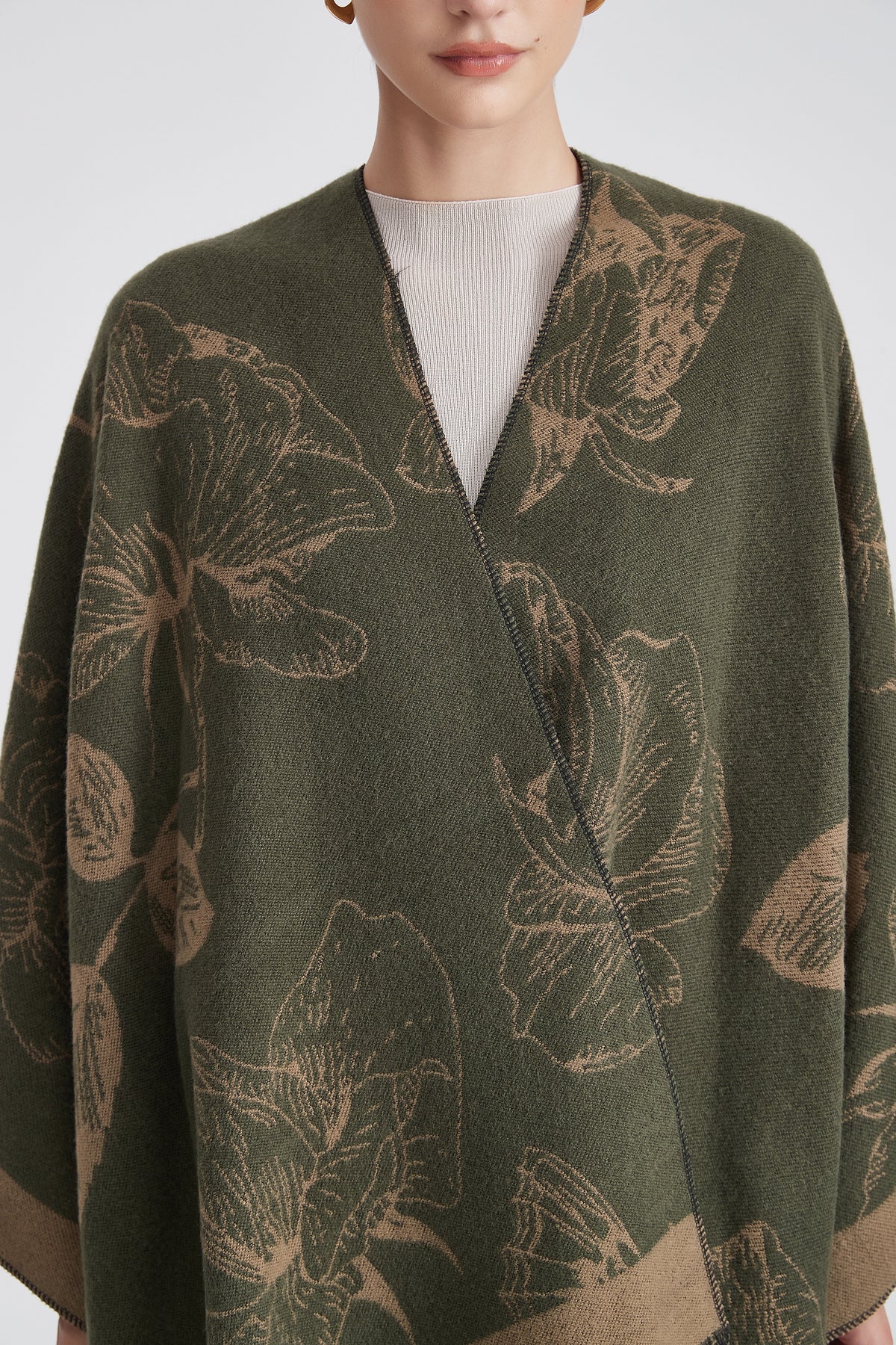 Long Floral Poncho with Fringes
