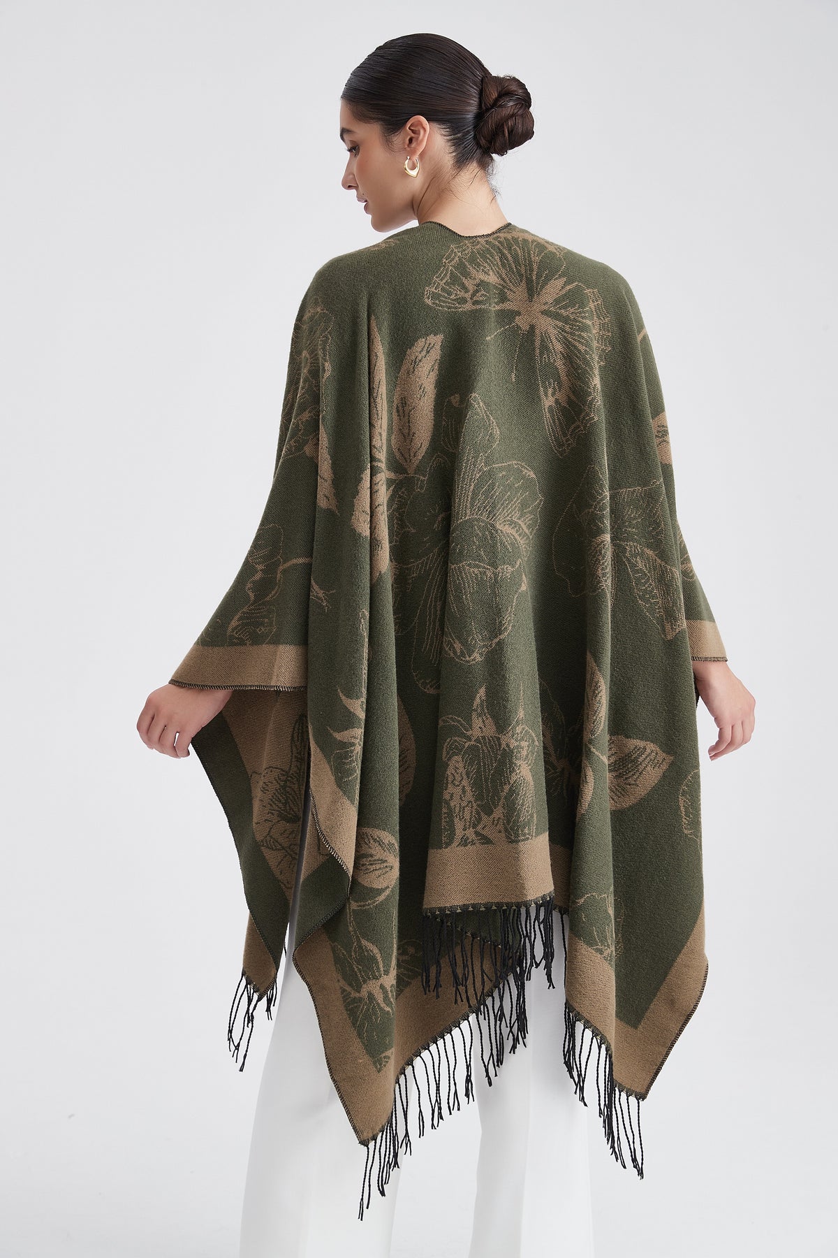 Long Floral Poncho with Fringes