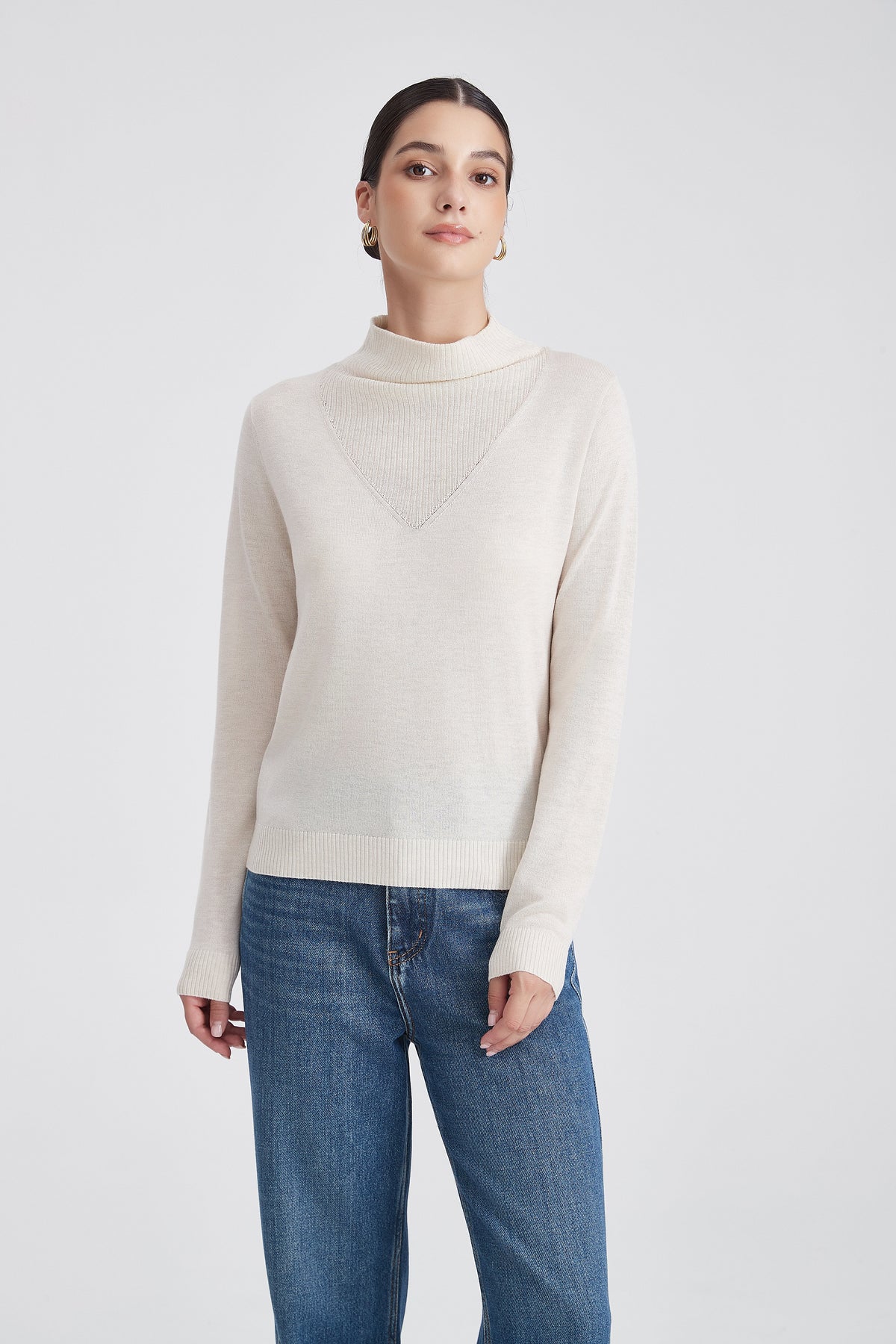High-Neck Knit Blouse with Layered V-Shaped Detail