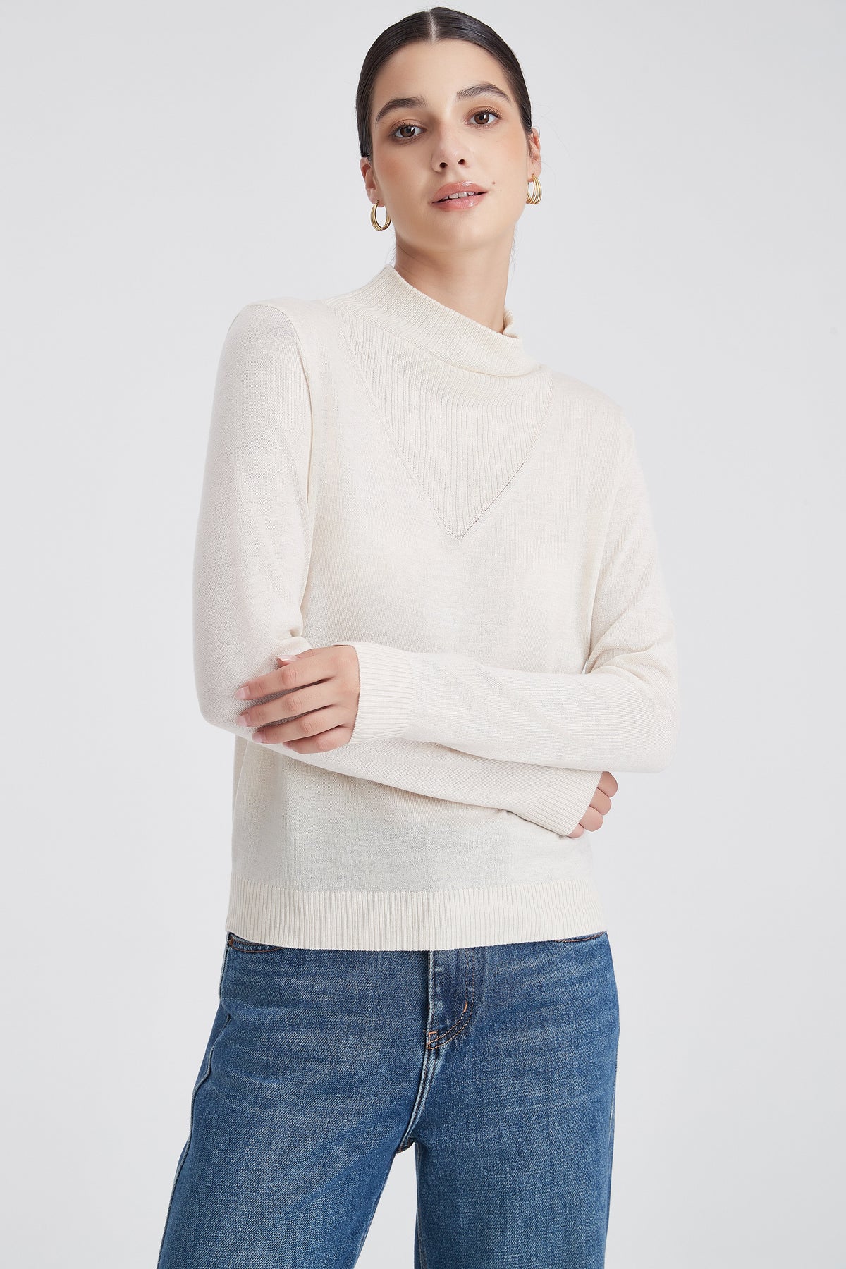 High-Neck Knit Blouse with Layered V-Shaped Detail