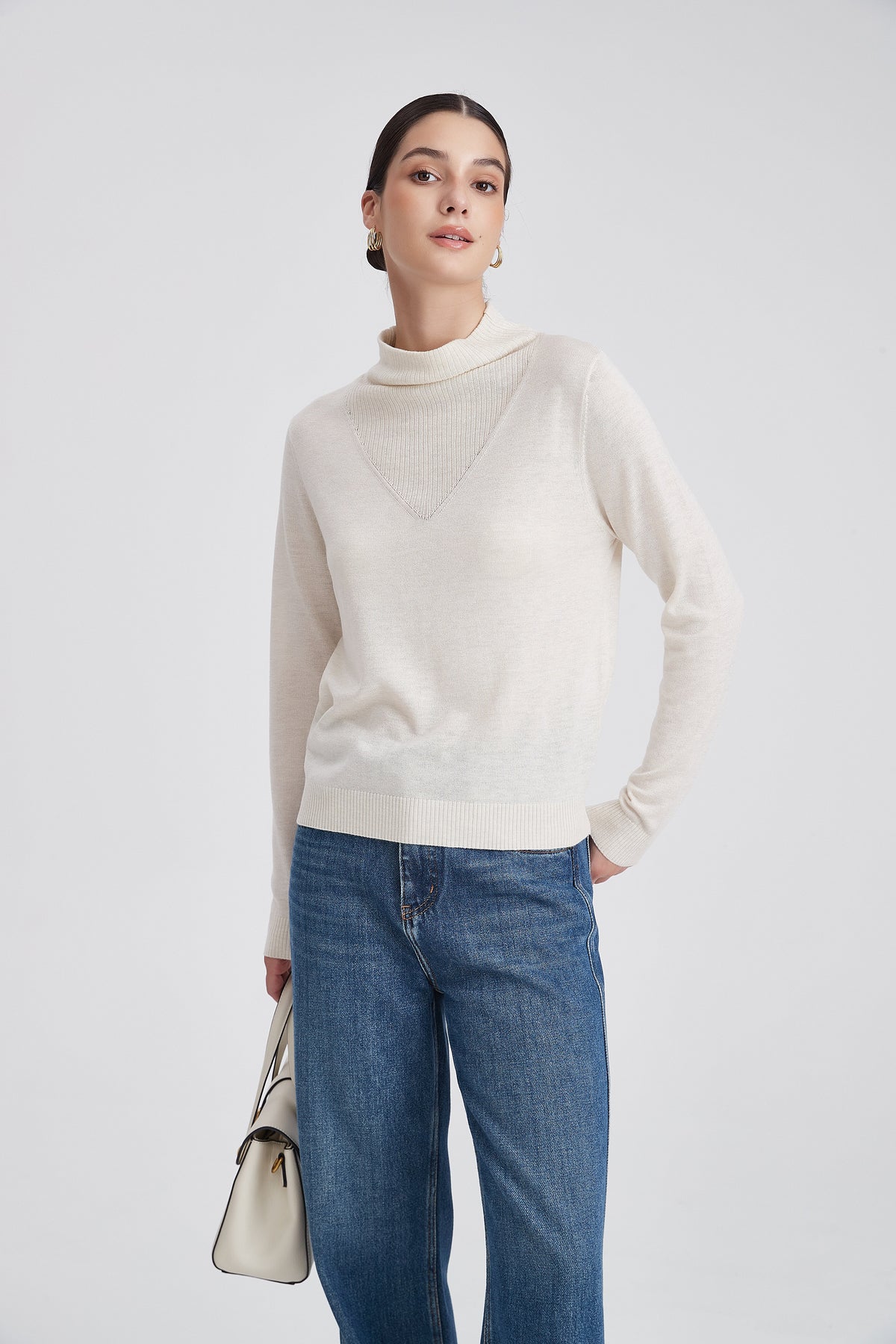 High-Neck Knit Blouse with Layered V-Shaped Detail