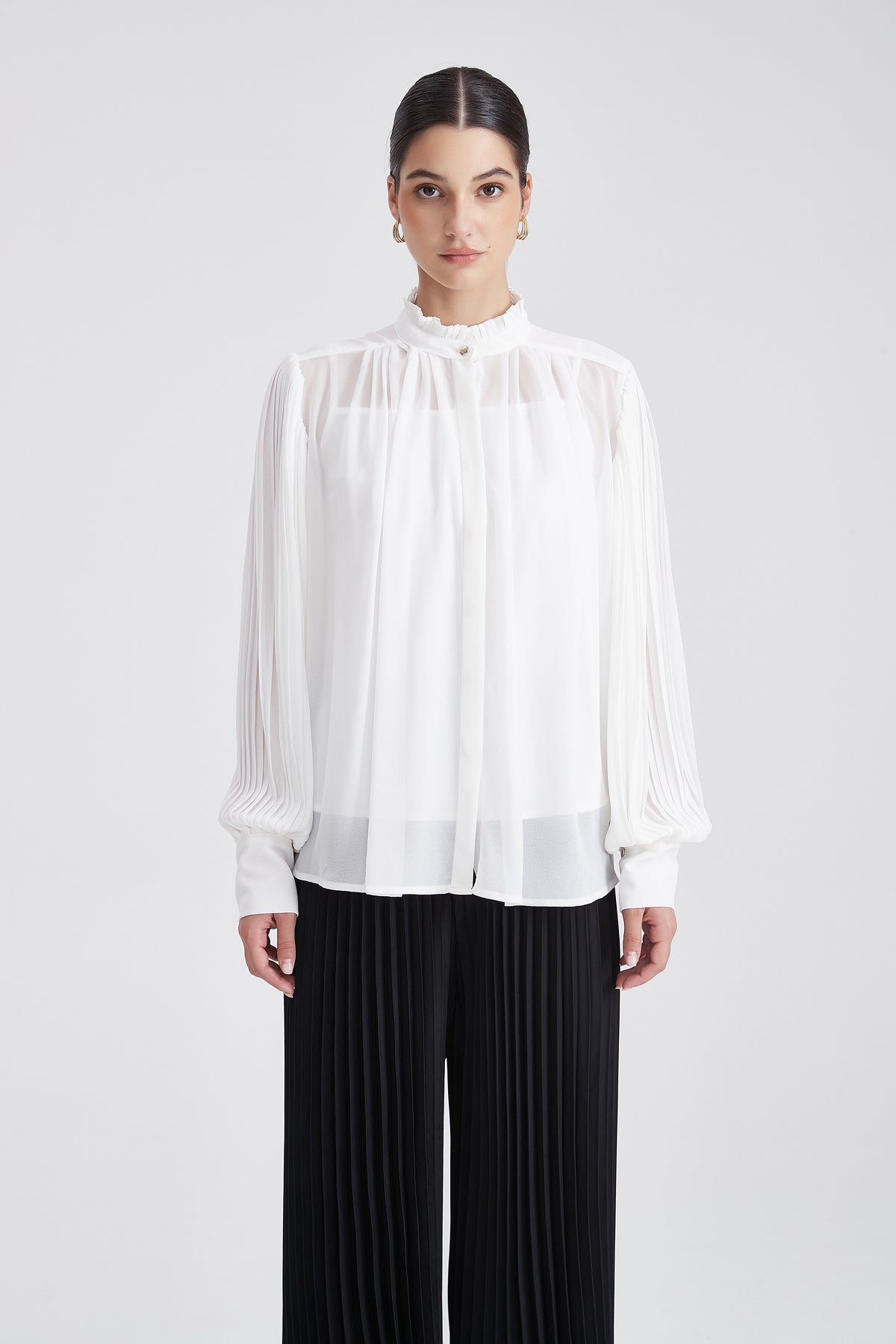 Plain Waist-Length Long-Sleeve Blouse