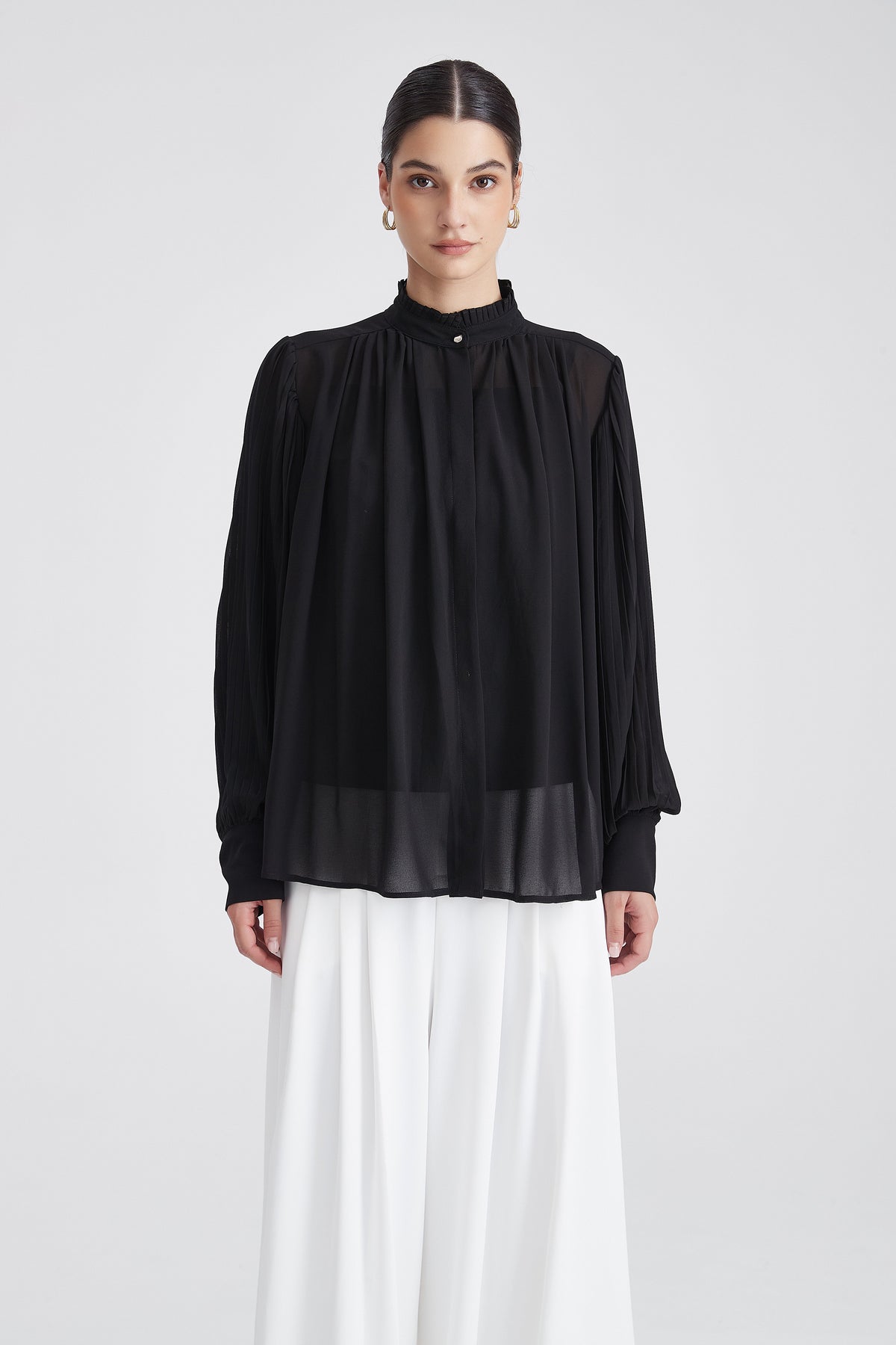 Plain Long-Sleeve Blouse with High Neck