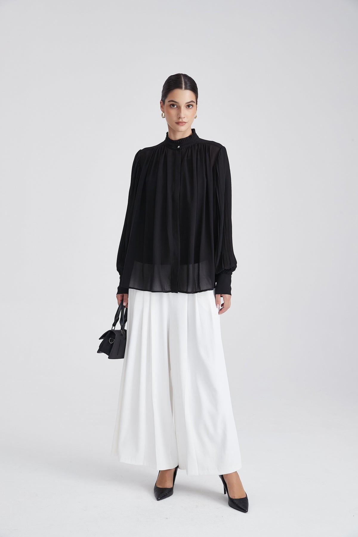Plain Long-Sleeve Blouse with High Neck