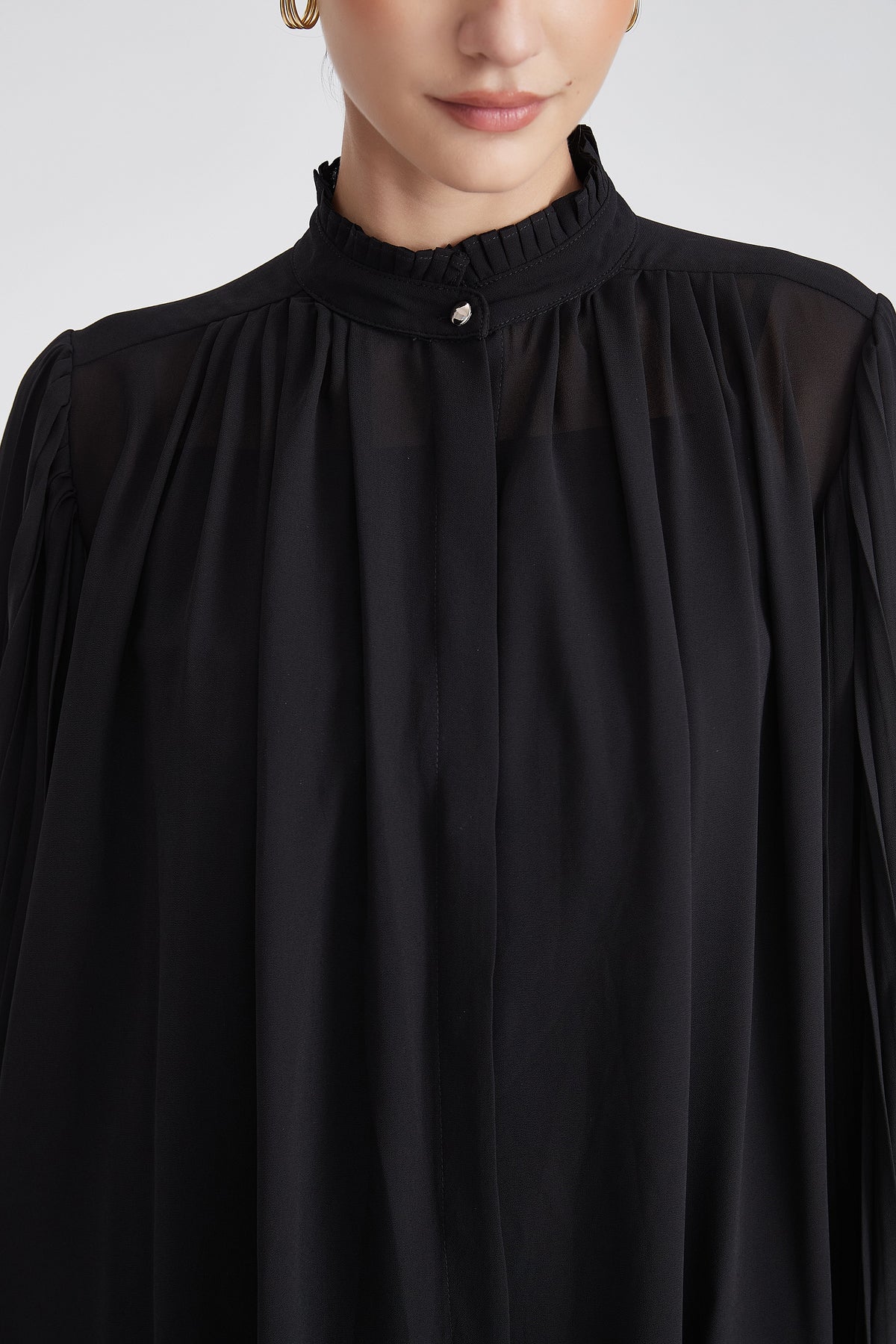 Plain Long-Sleeve Blouse with High Neck