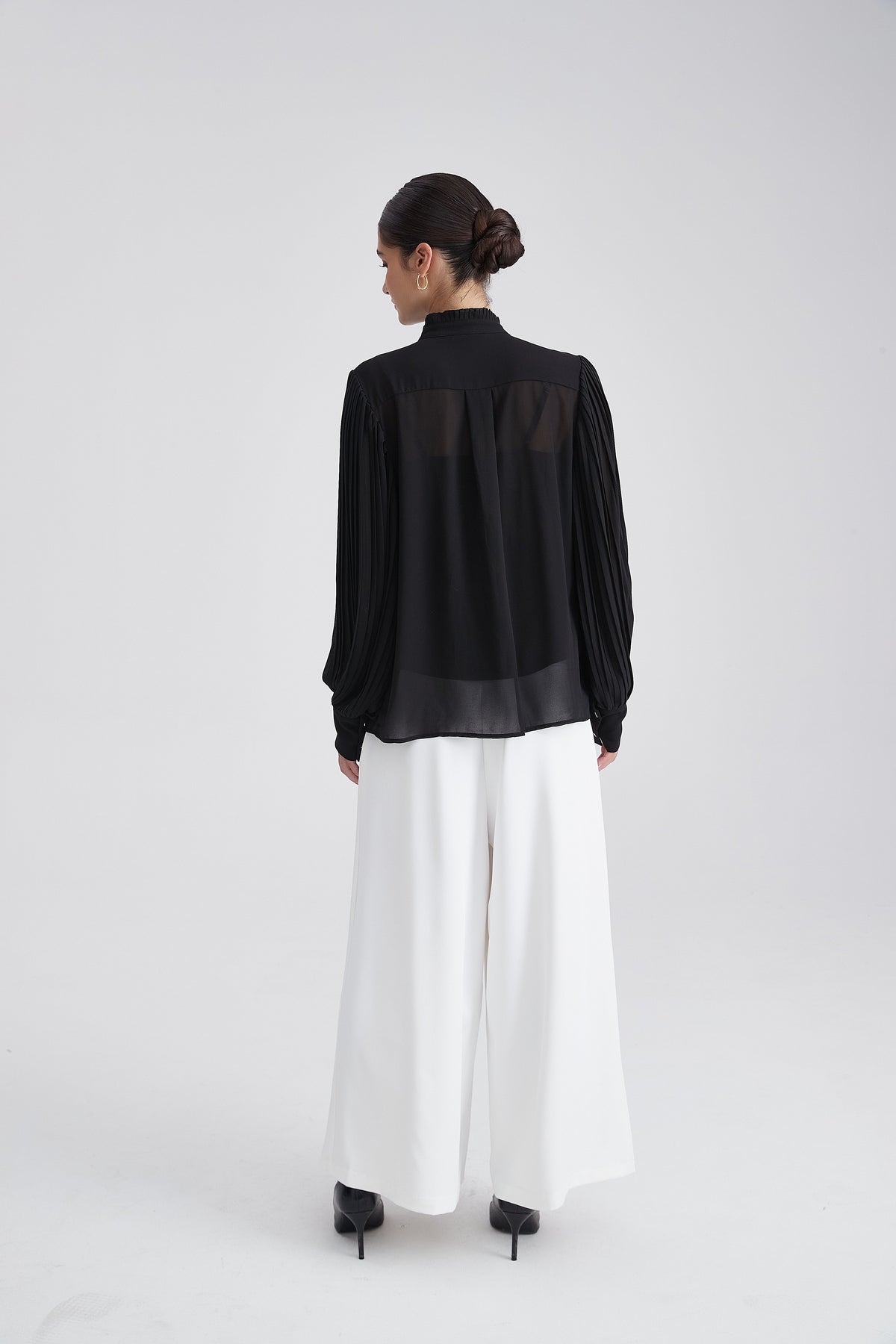 Plain Long-Sleeve Blouse with High Neck