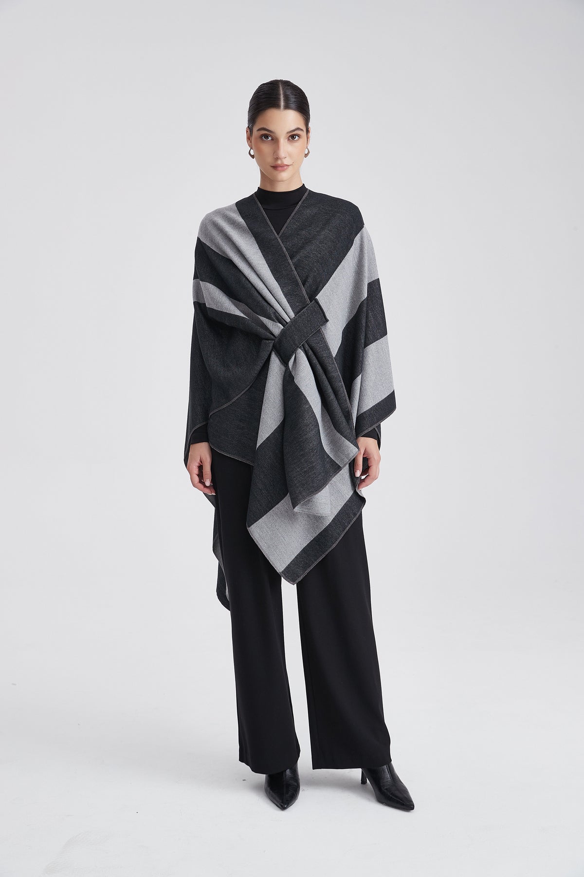 Long Poncho with Bold Stripes