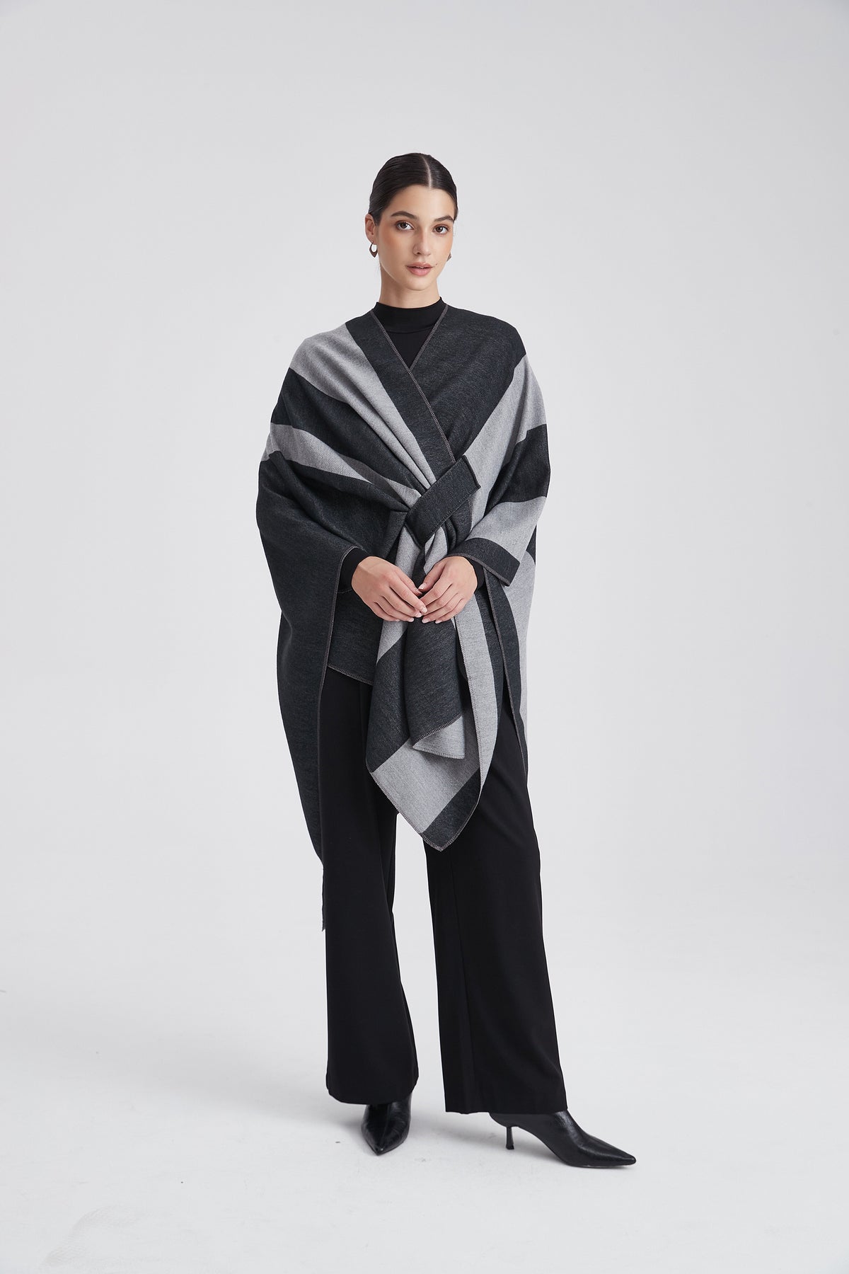Long Poncho with Bold Stripes