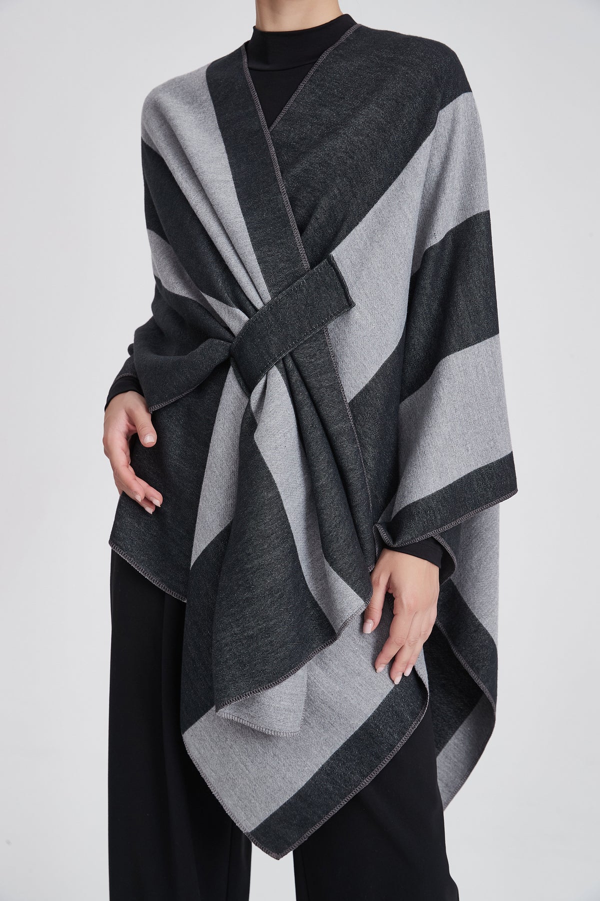 Long Poncho with Bold Stripes
