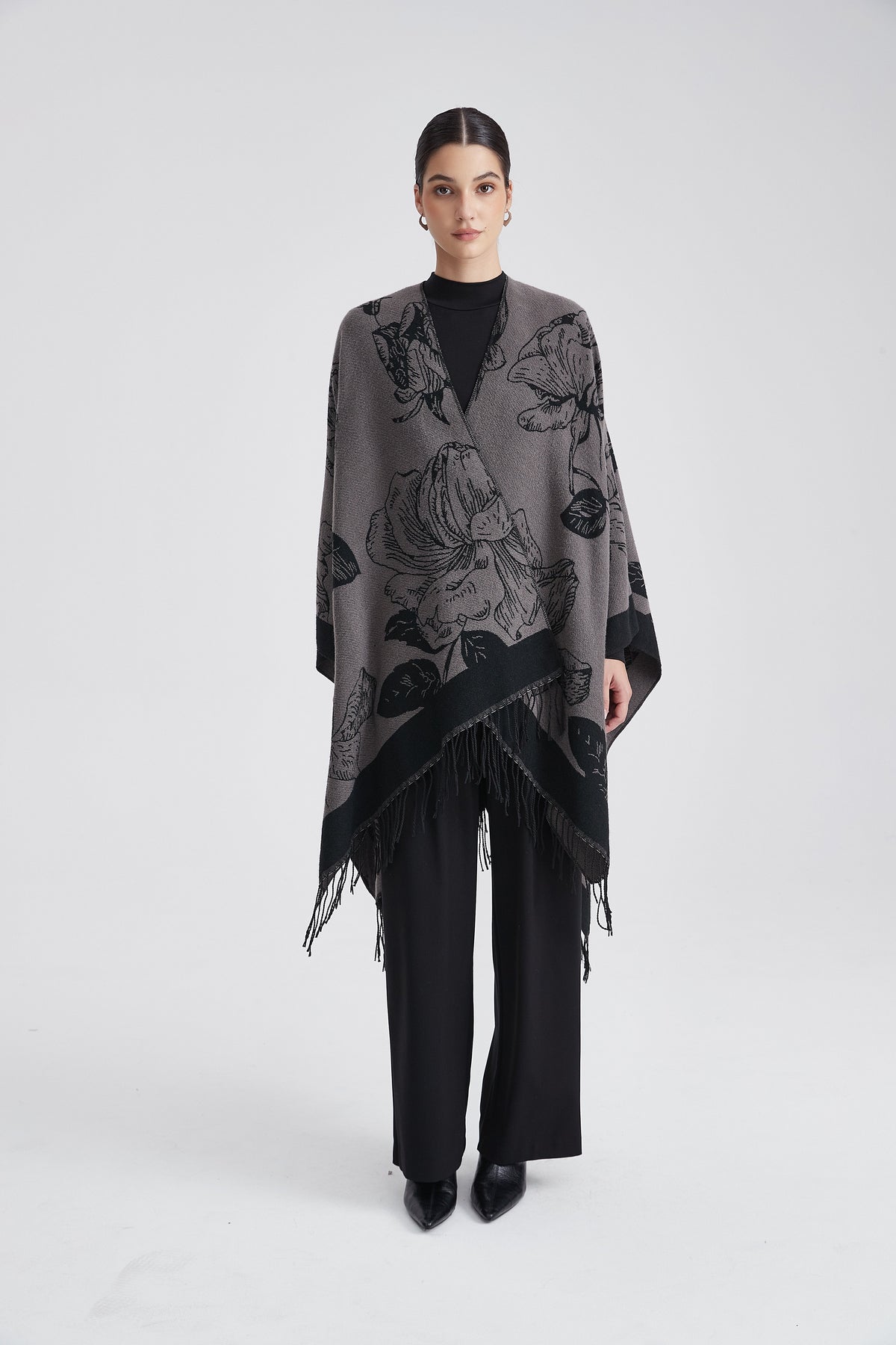 Long Patterned Poncho with Floral Print