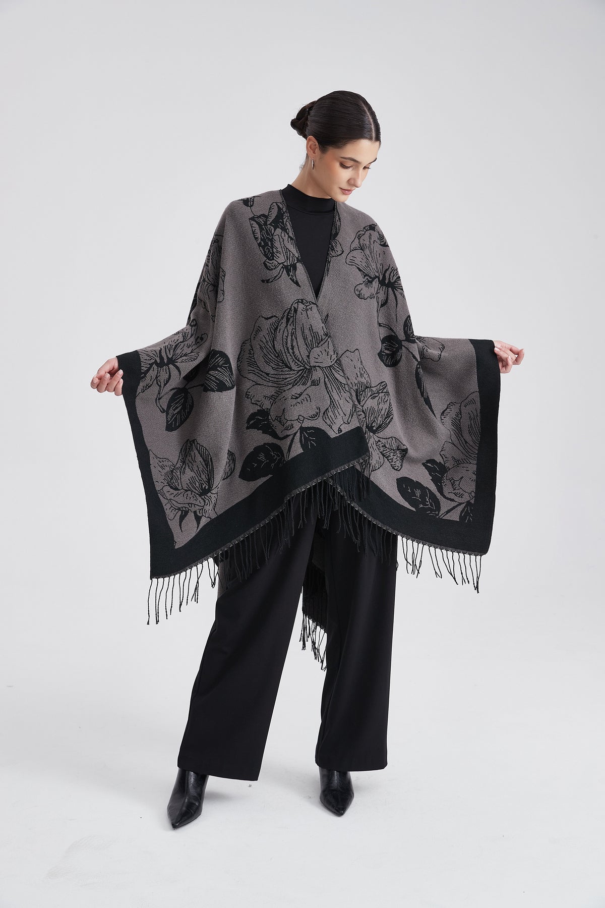Long Patterned Poncho with Floral Print