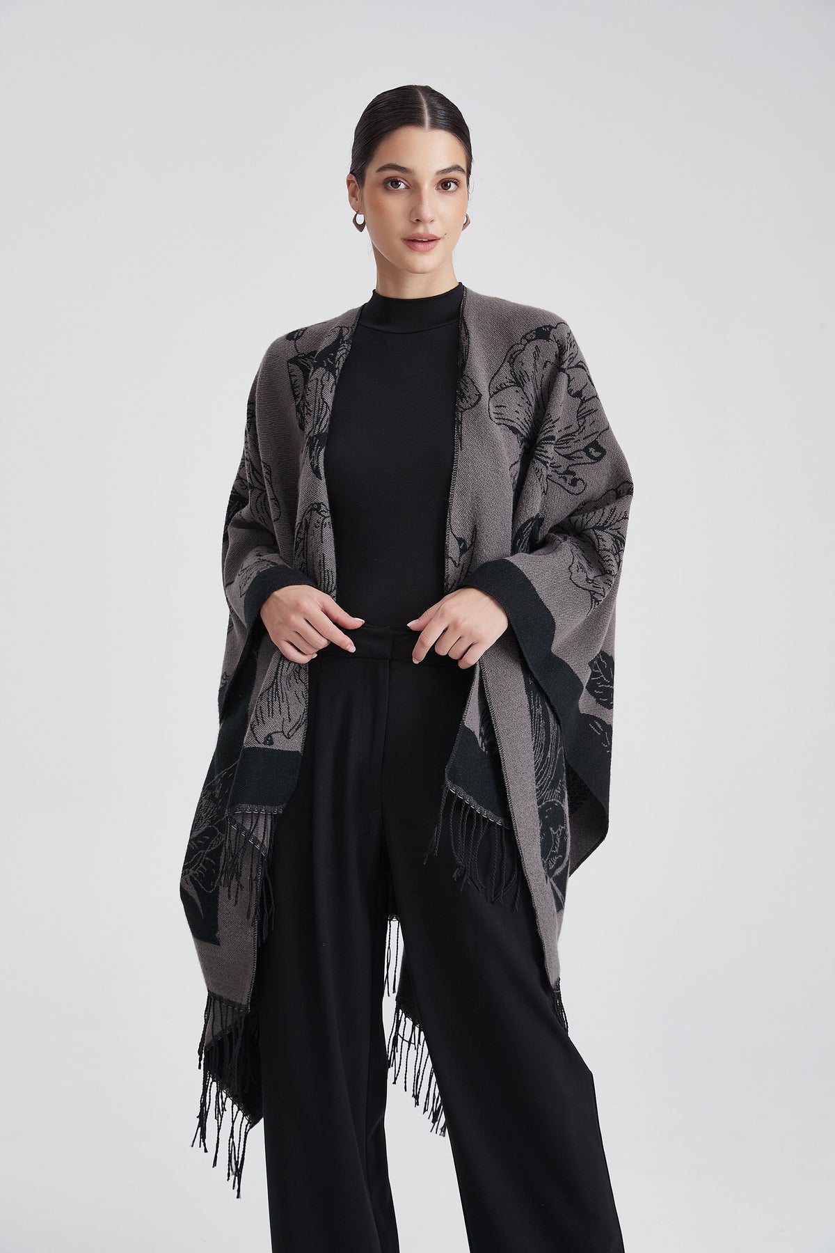 Long Patterned Poncho with Floral Print