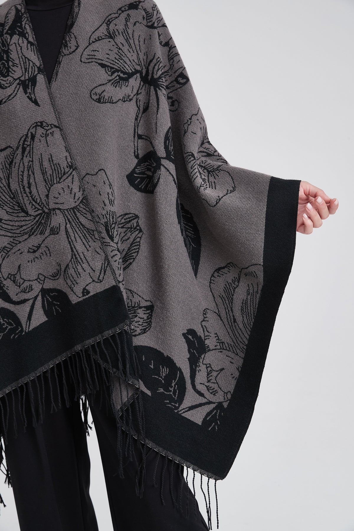 Long Patterned Poncho with Floral Print
