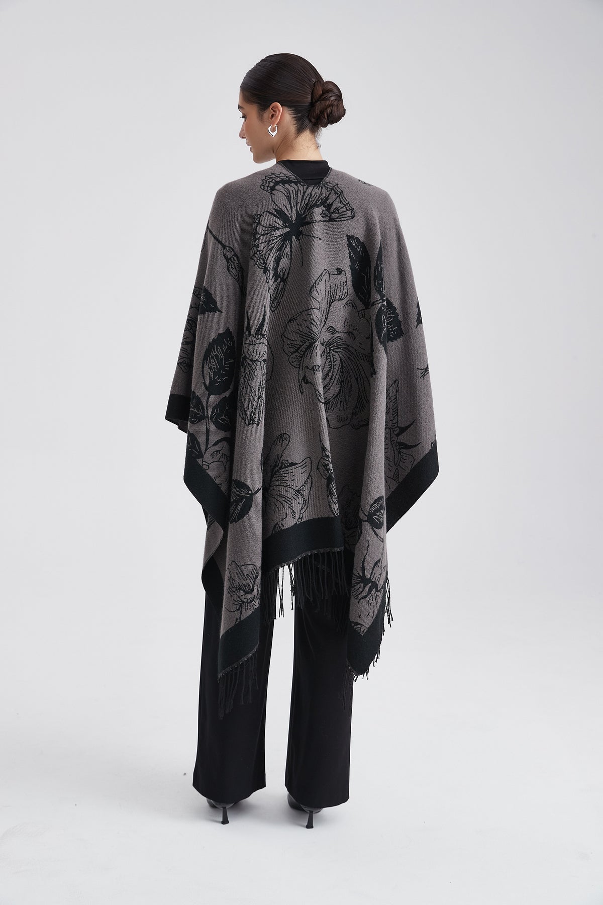 Long Patterned Poncho with Floral Print