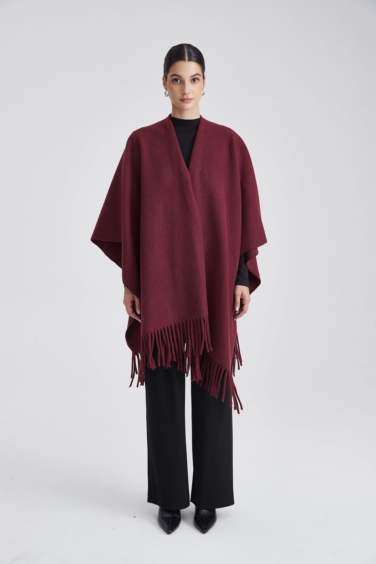 Wool Poncho with Fringe