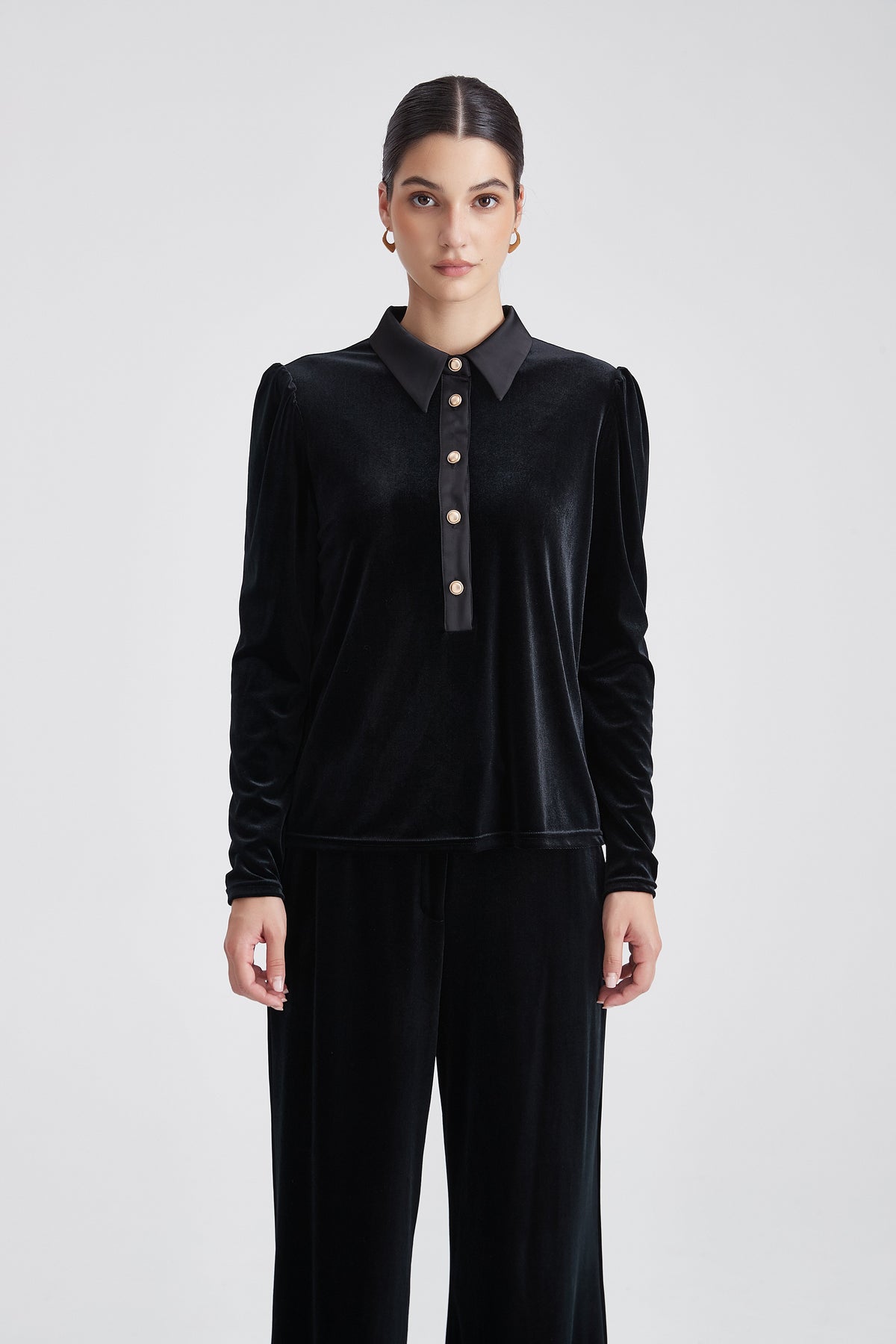 Plain Long-Sleeve Blouse with Shirt Collar