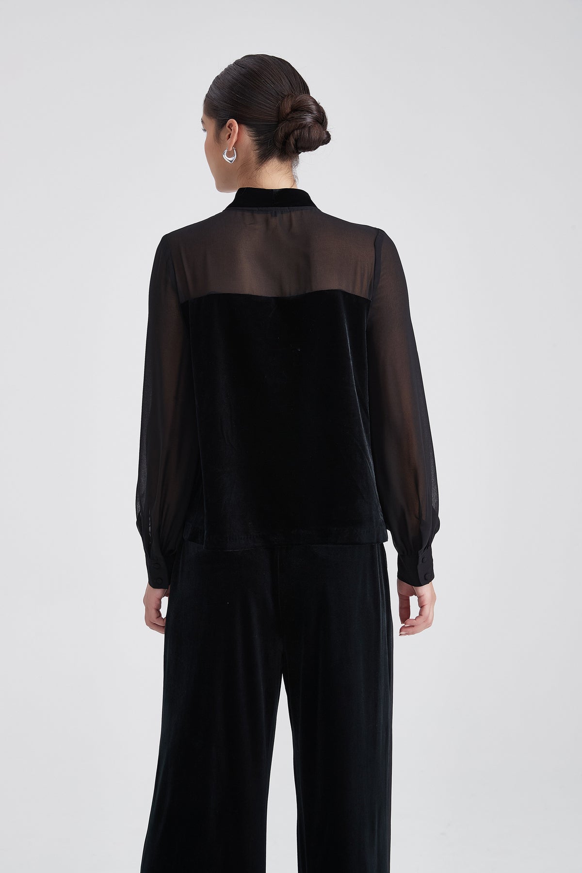 Velvet Blouse with Bow Neck and Sheer Chiffon Sleeves