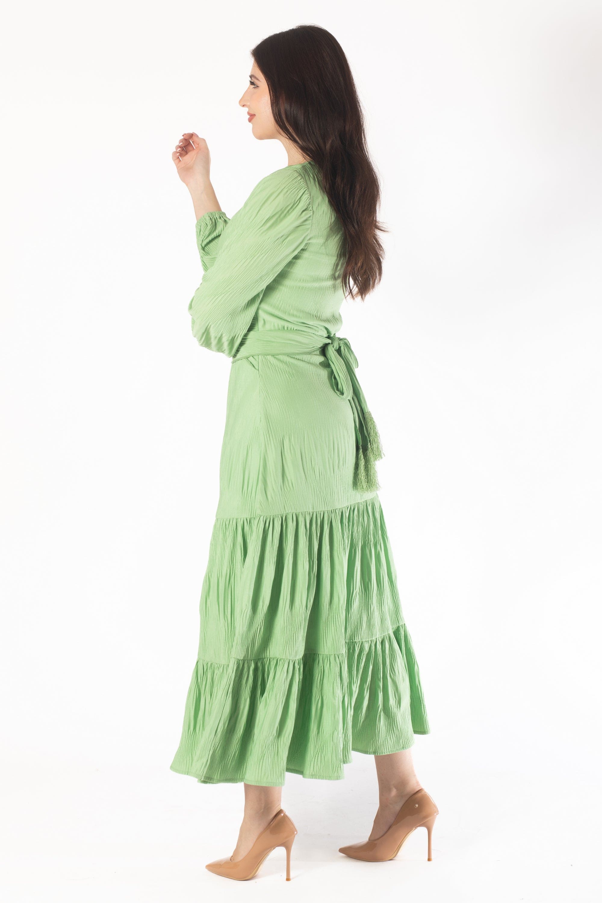Yola Midi Dress with Long Sleeves and Fitted Waist