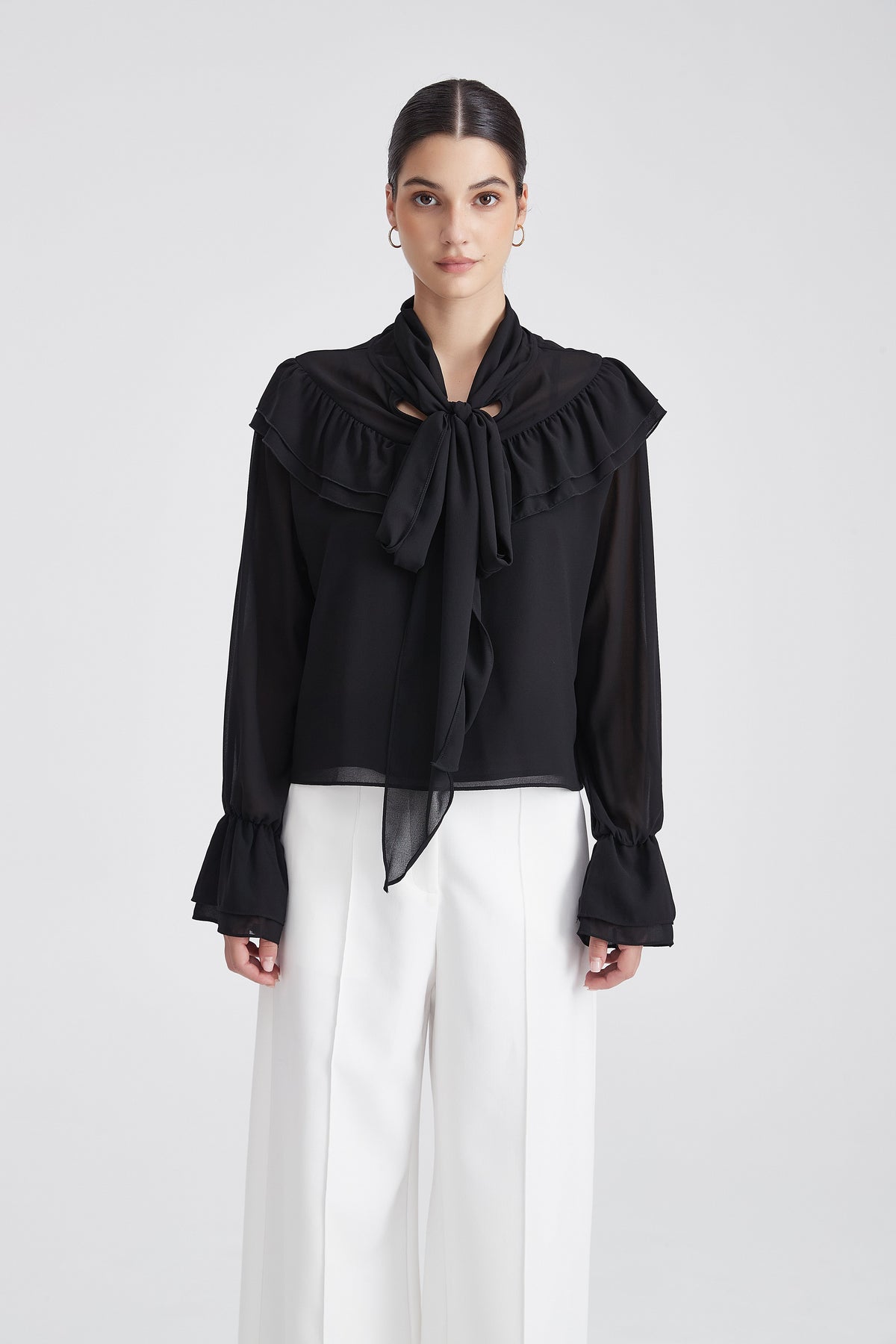 Plain Cropped Blouse with Tie Neck