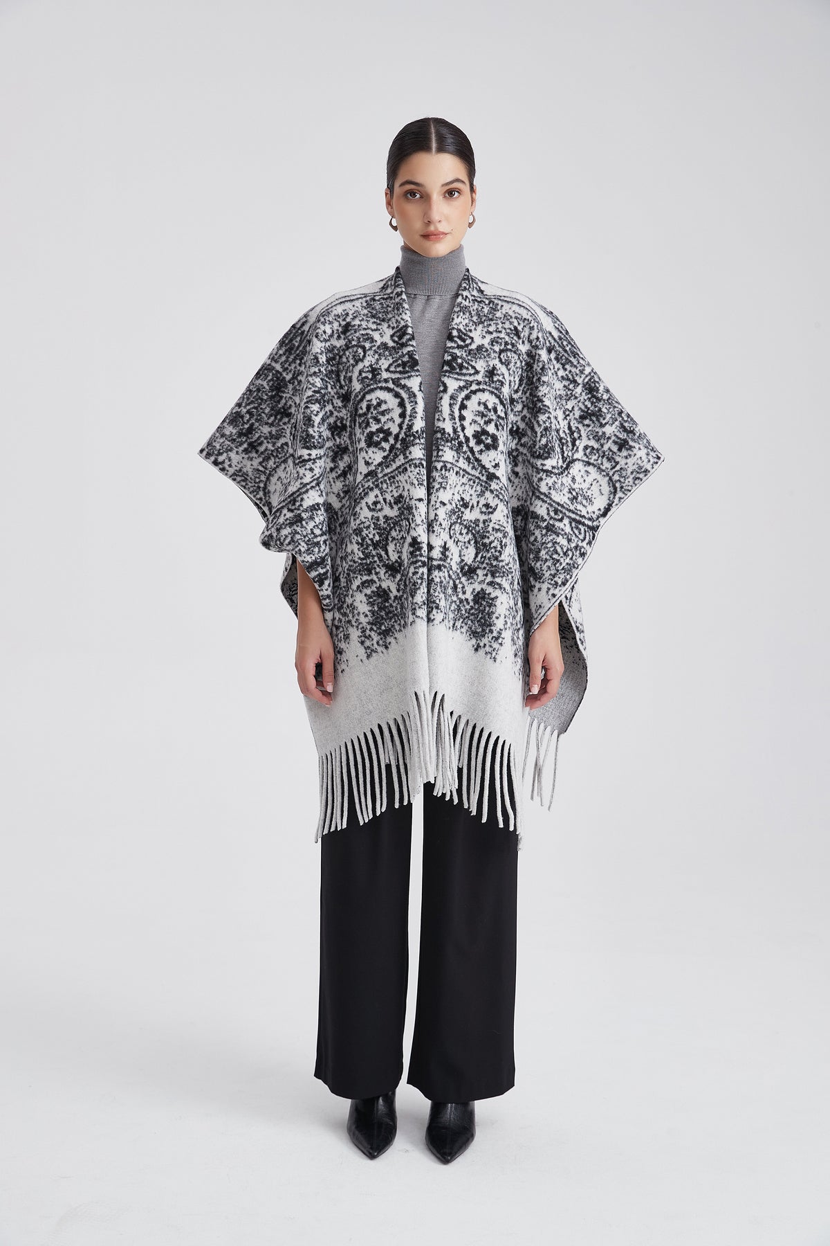 Long Patterned Poncho with Fringes