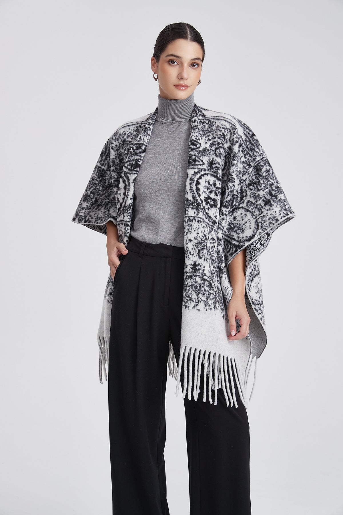 Long Patterned Poncho with Fringes