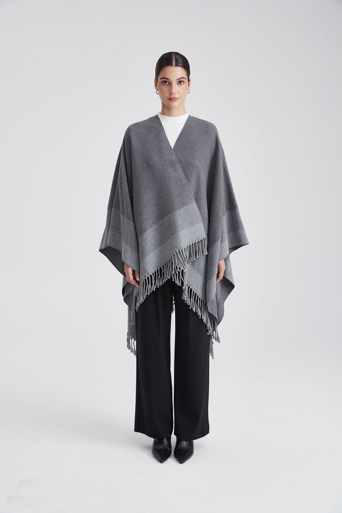 Striped Poncho with Bold Lines and Fringes