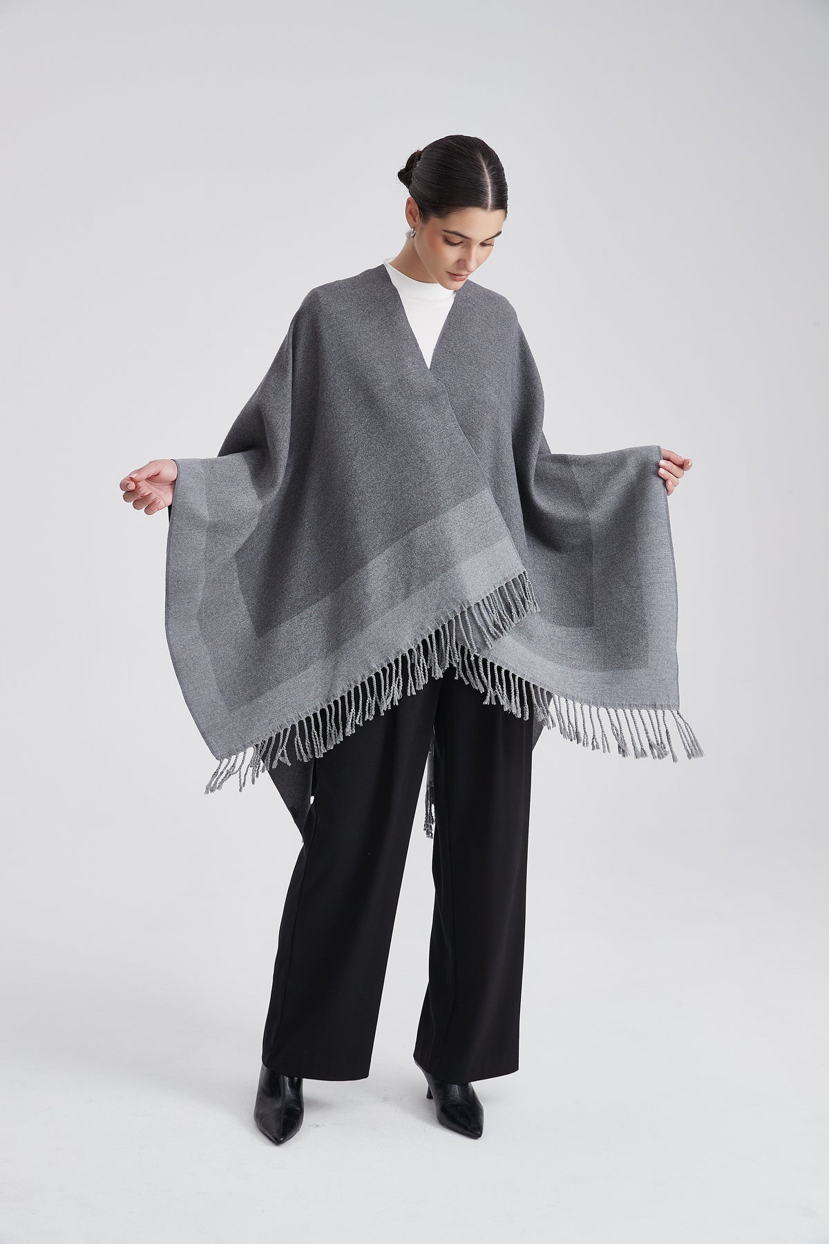 Striped Poncho with Bold Lines and Fringes