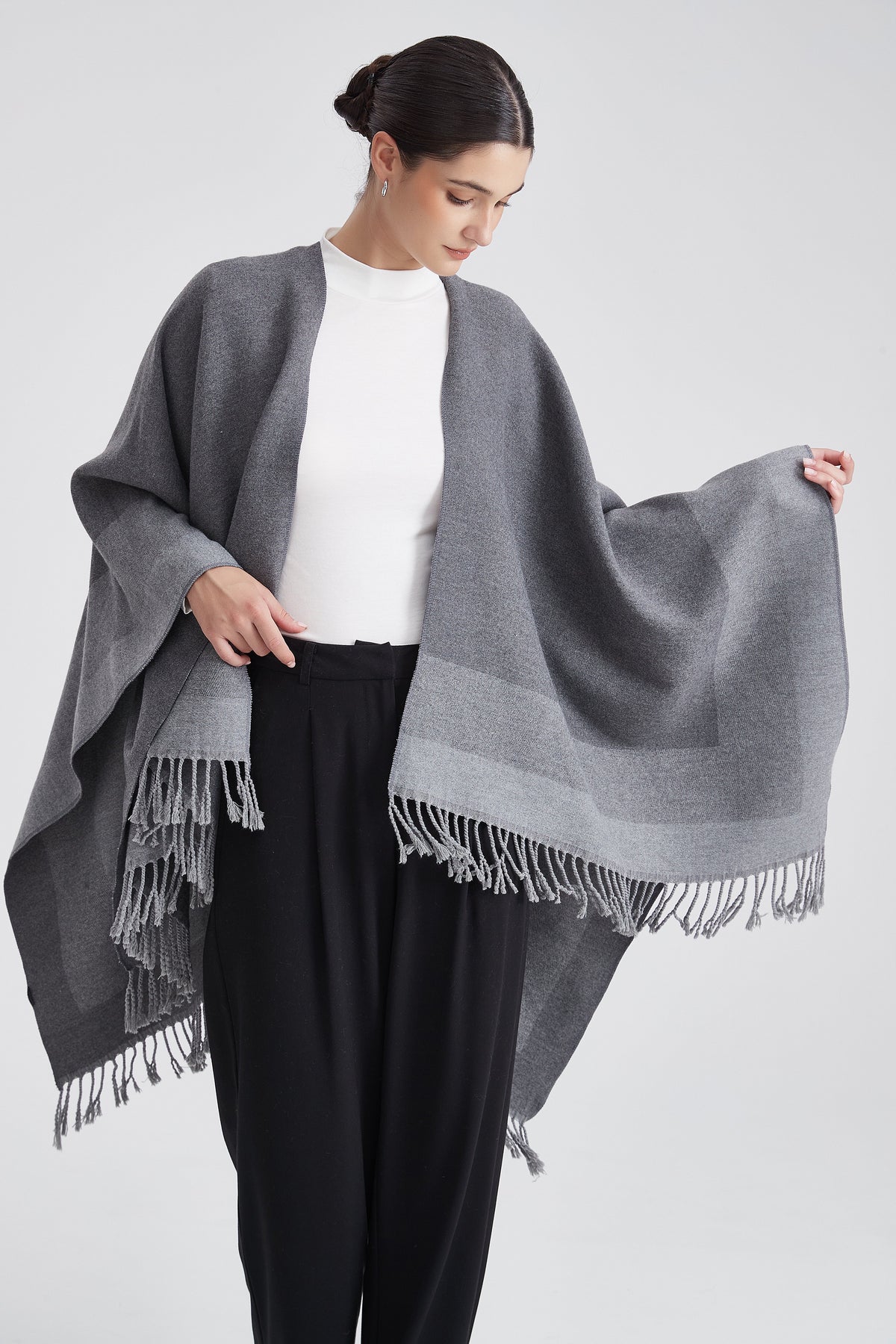 Striped Poncho with Bold Lines and Fringes