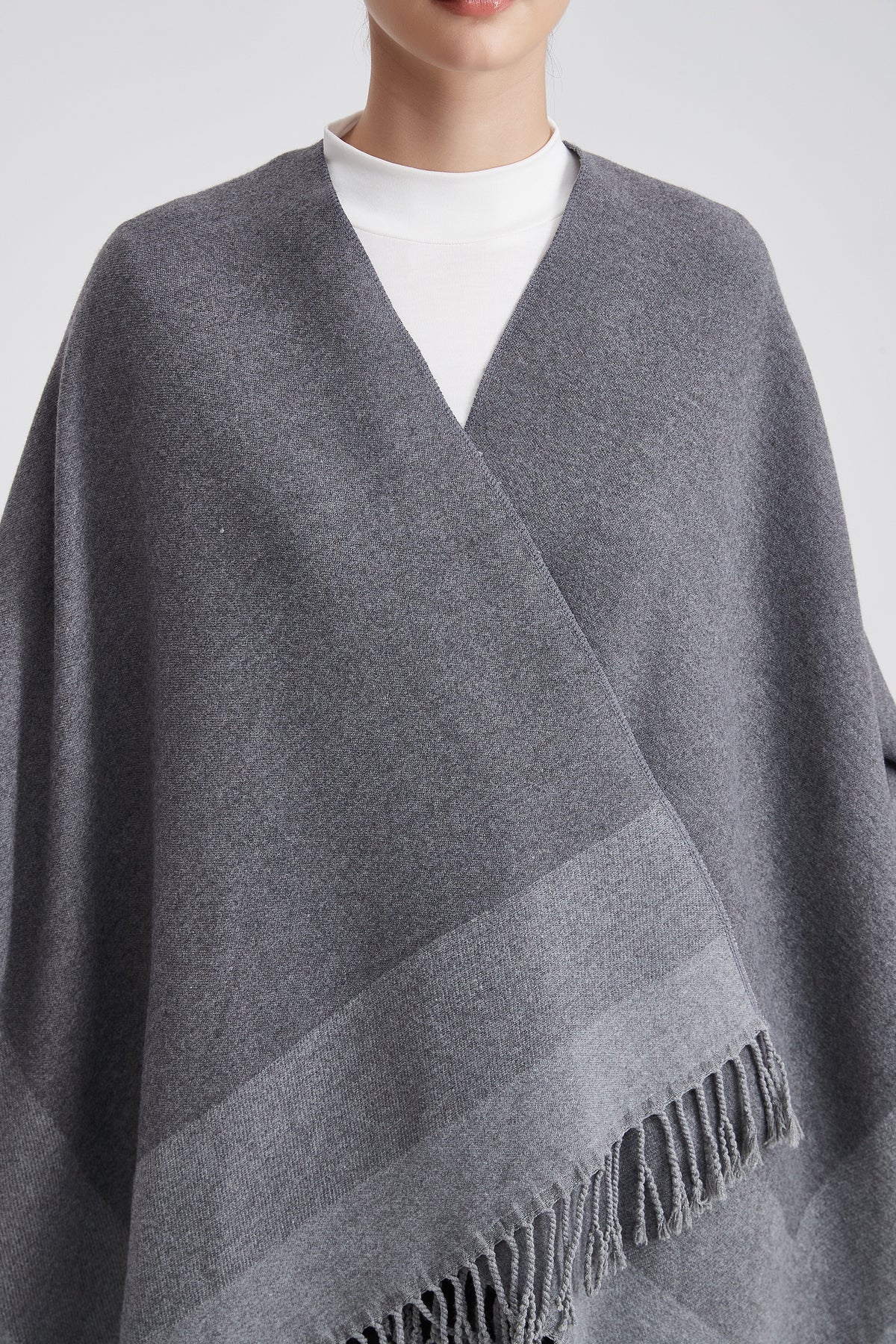 Striped Poncho with Bold Lines and Fringes