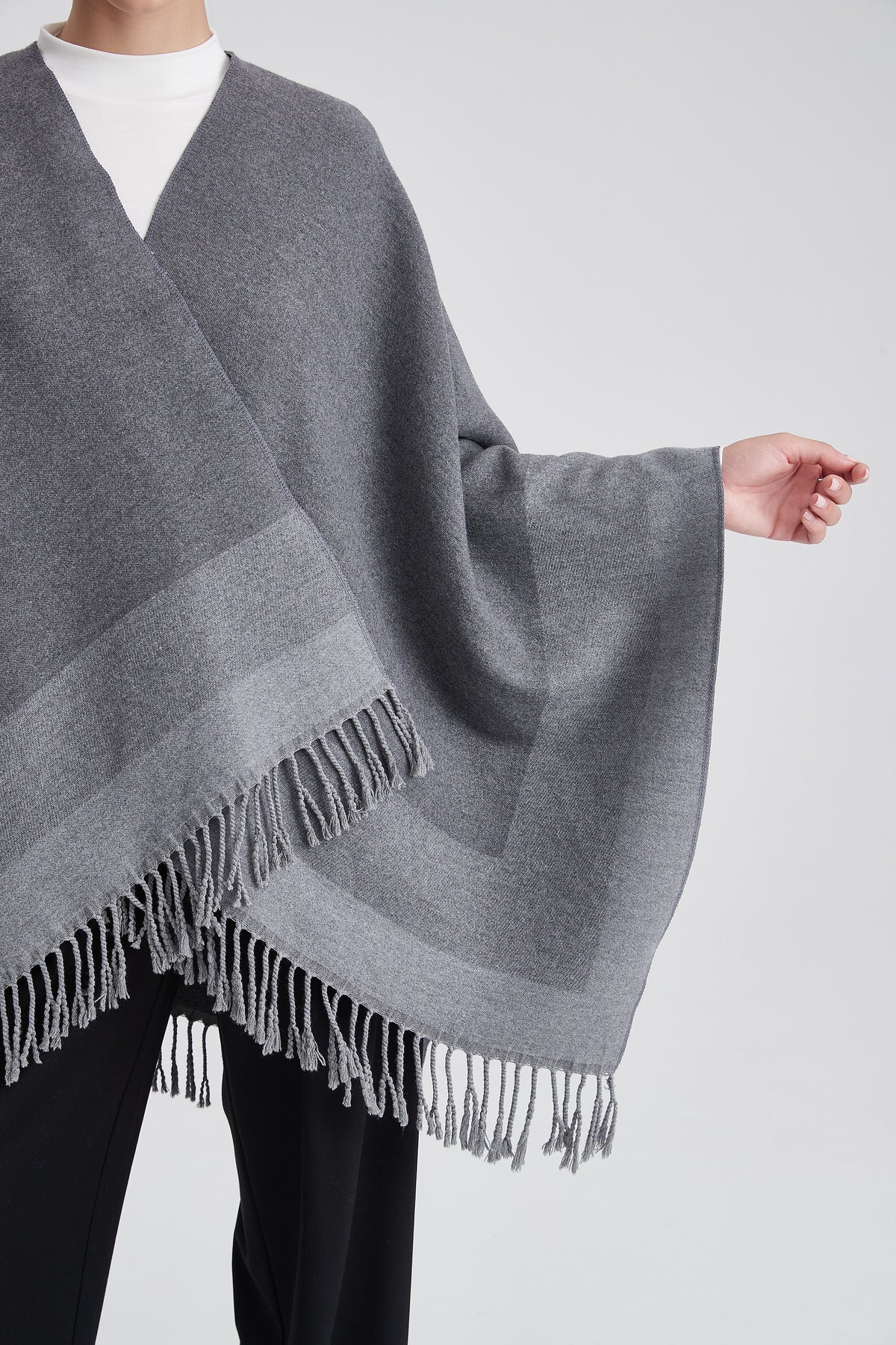 Striped Poncho with Bold Lines and Fringes