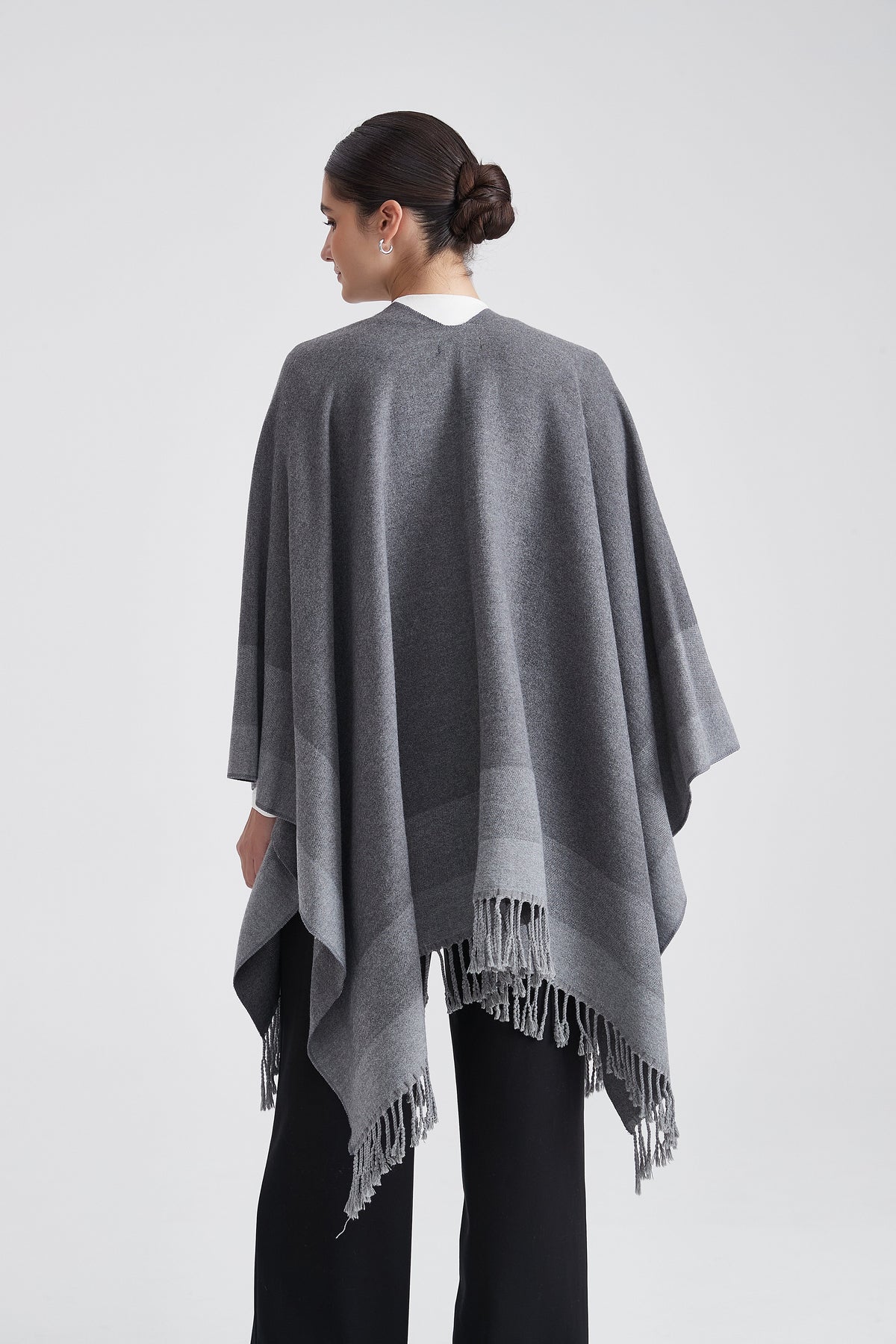 Striped Poncho with Bold Lines and Fringes