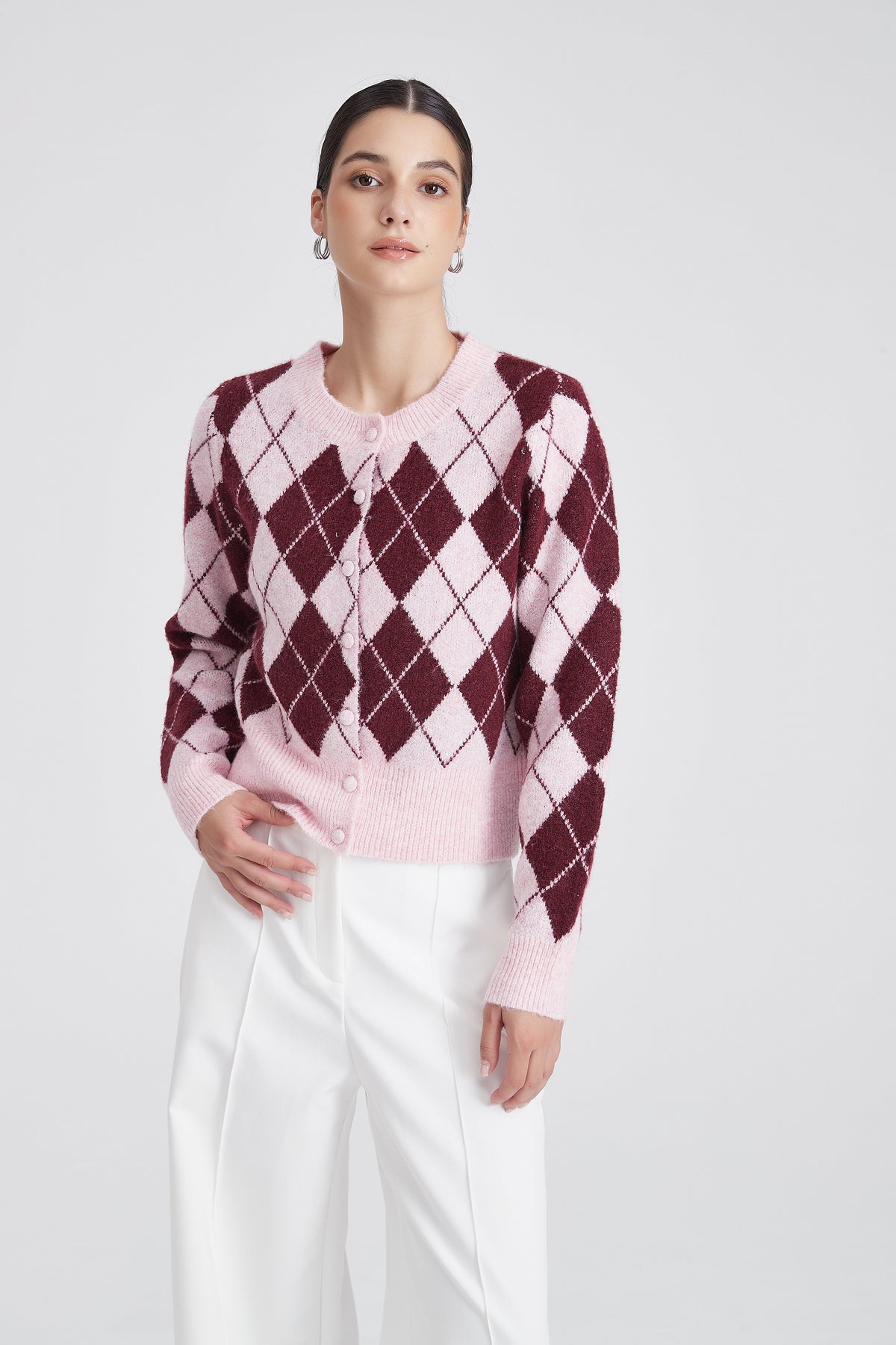 Cropped Knit Cardigan with Argyle Pattern and Front Buttons